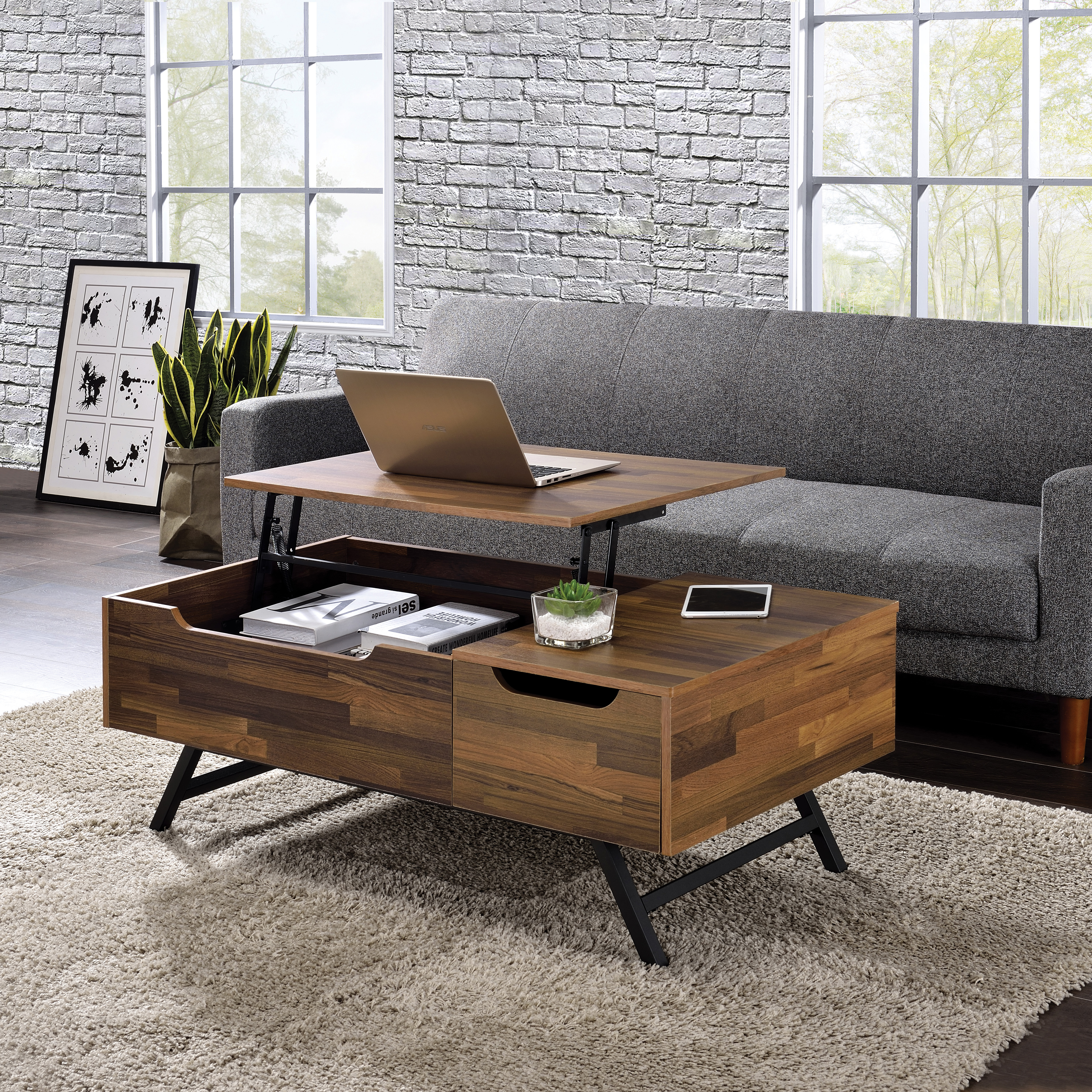 Walnut 1-Drawer Coffee Table with Lift Top