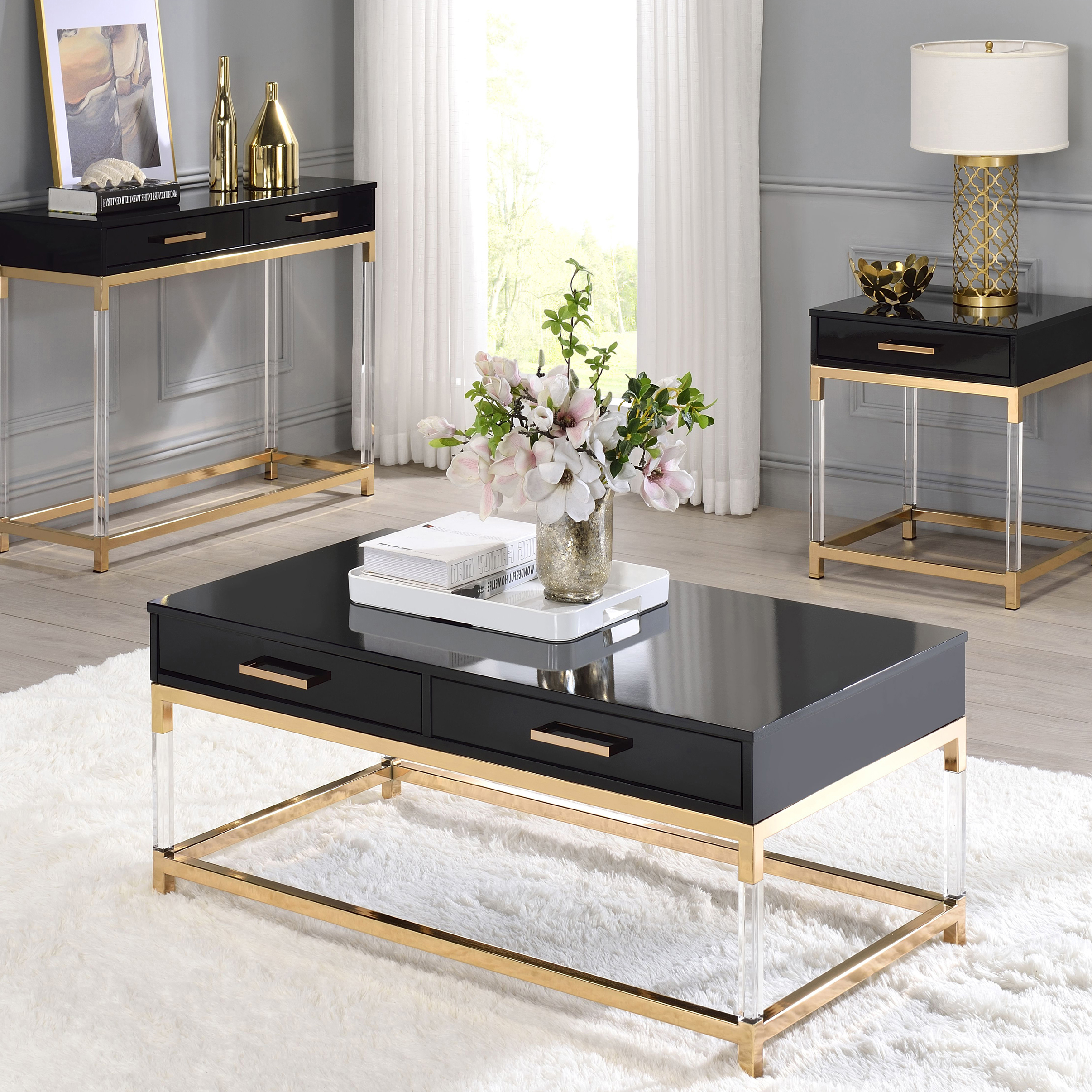 Black High Gloss and Gold Console Table with 2 Drawers