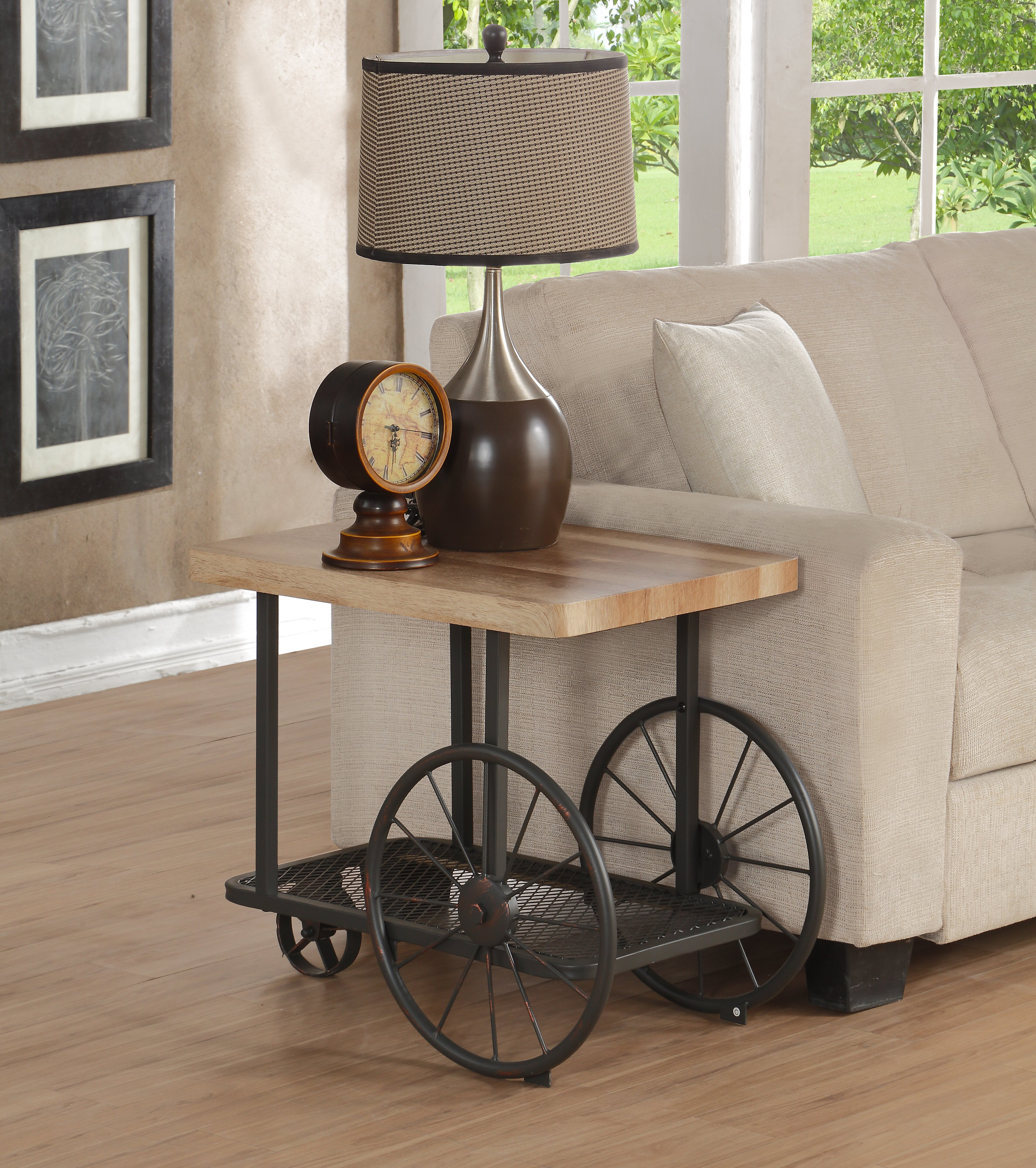 Oak and Antique Grey End Table with Shelf