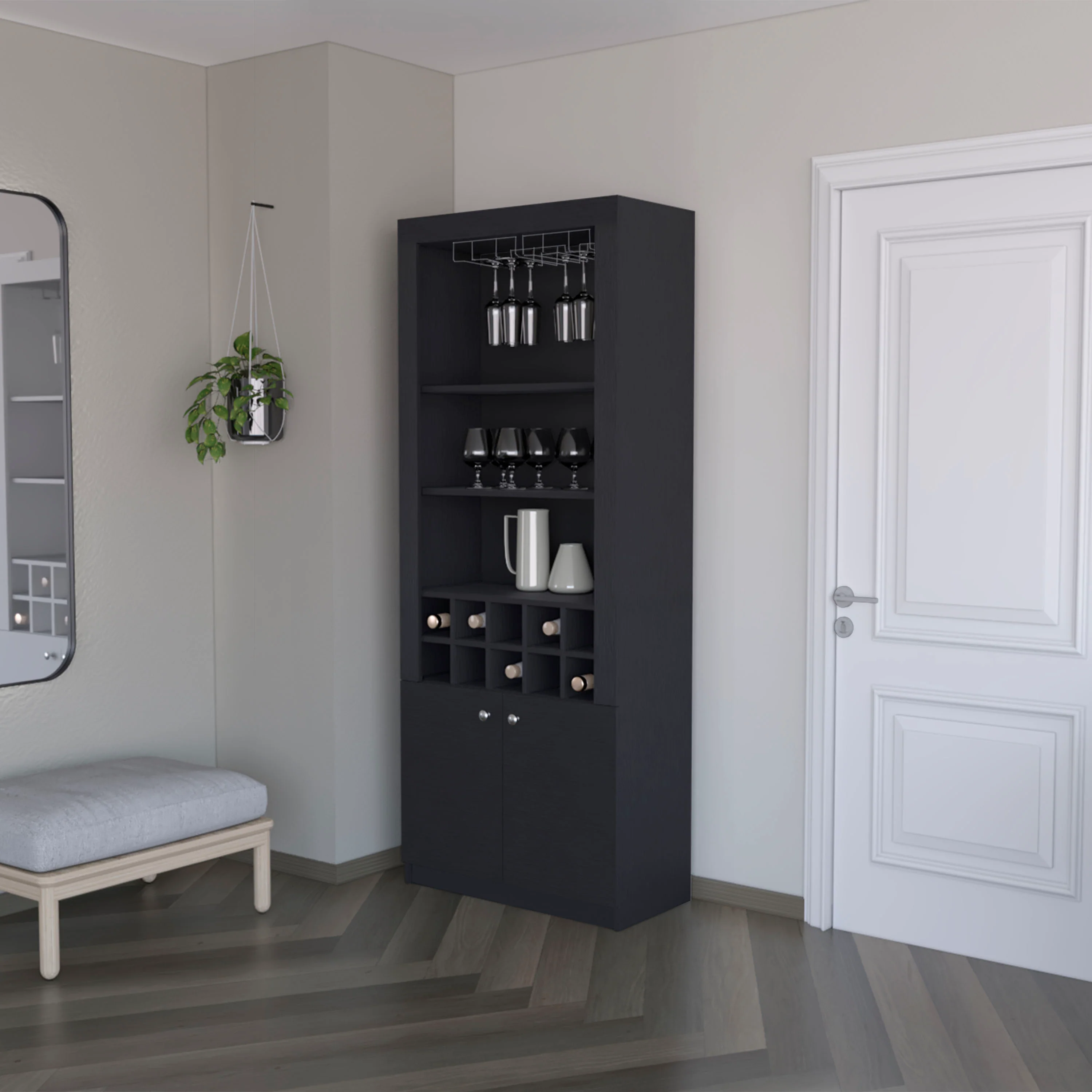 Black Bar Cabinet with Wine Storage and Three Shelves