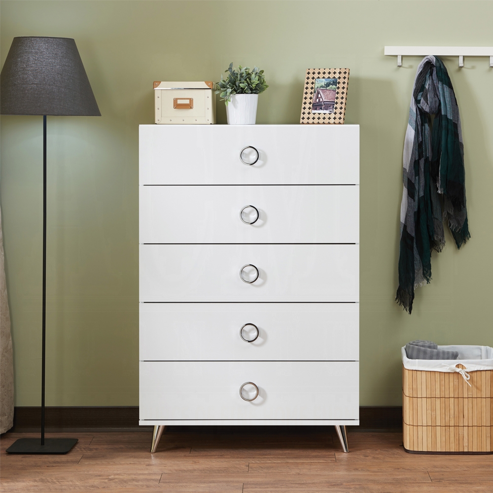 White 5-Drawer Chest with Ring Pull Handles