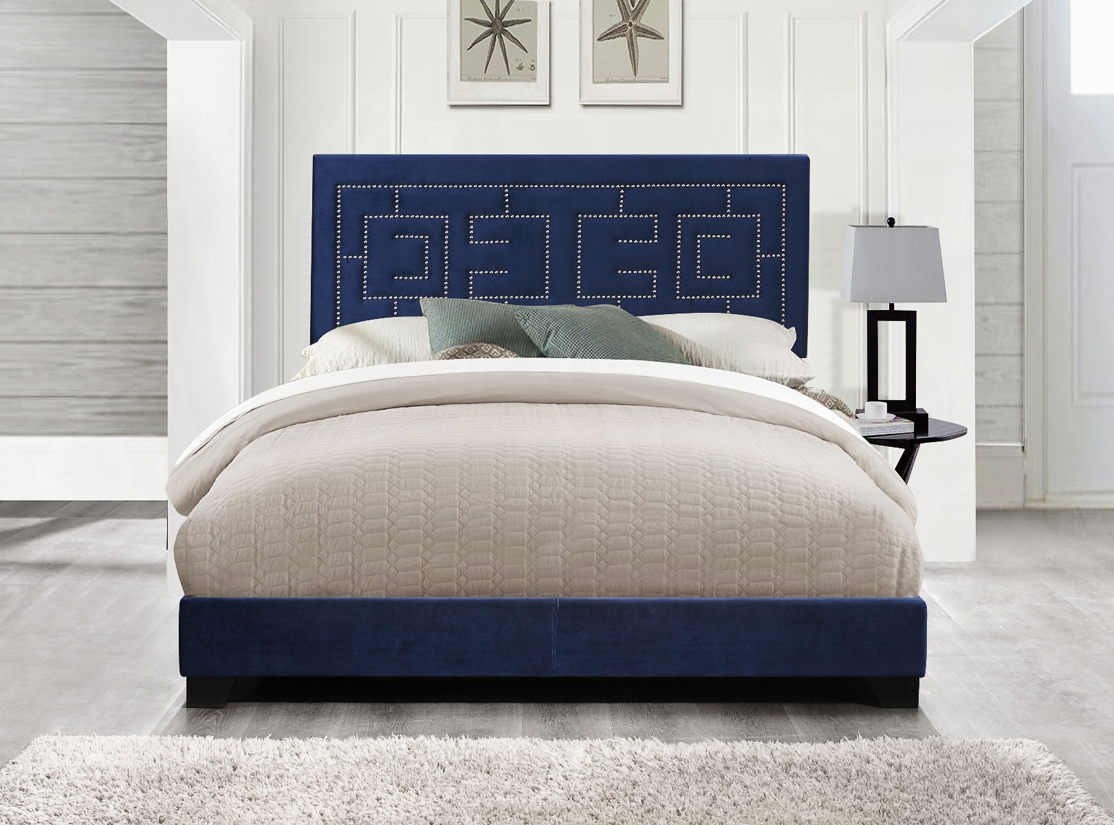 Dark Blue Eastern King Panel Bed with Nailhead Trim