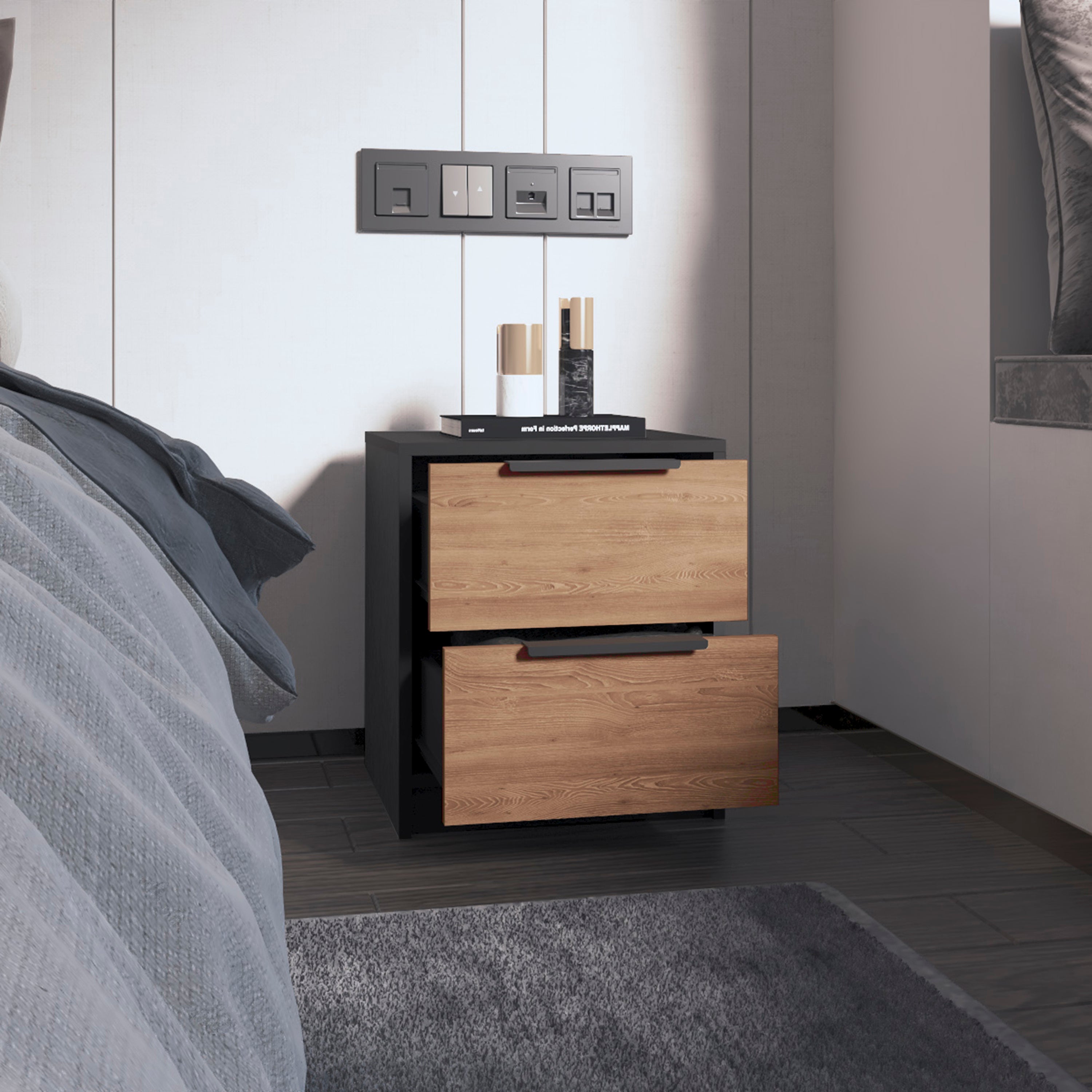 Black Wengue and Pine 2-Drawer Nightstand