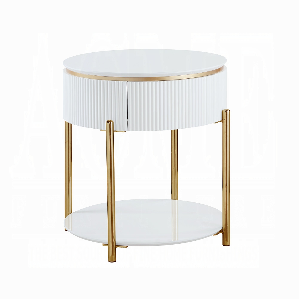 White High Gloss and Gold End Table with Metal Leg