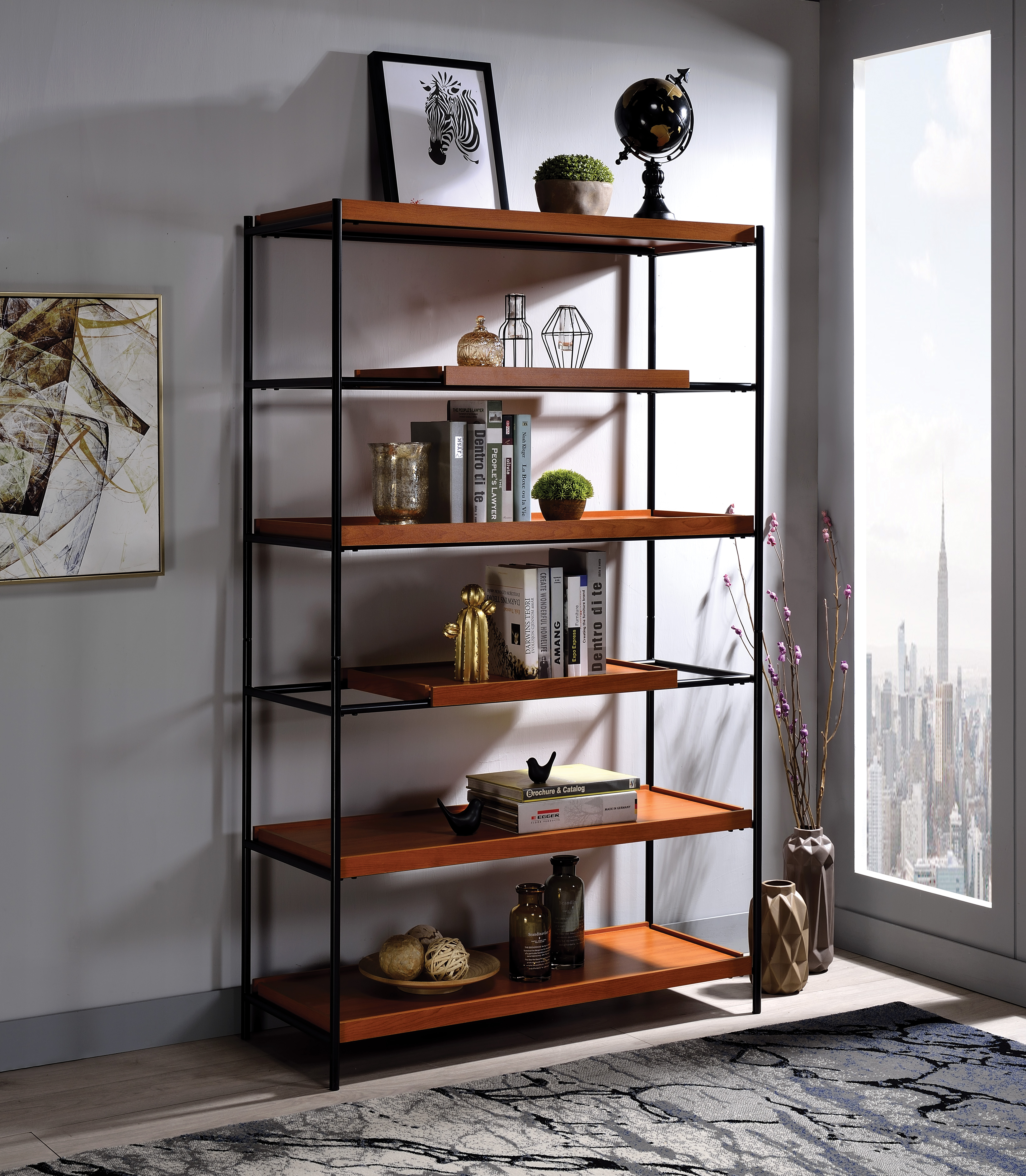 Honey Oak and Black 6-Shelf Bookshelf