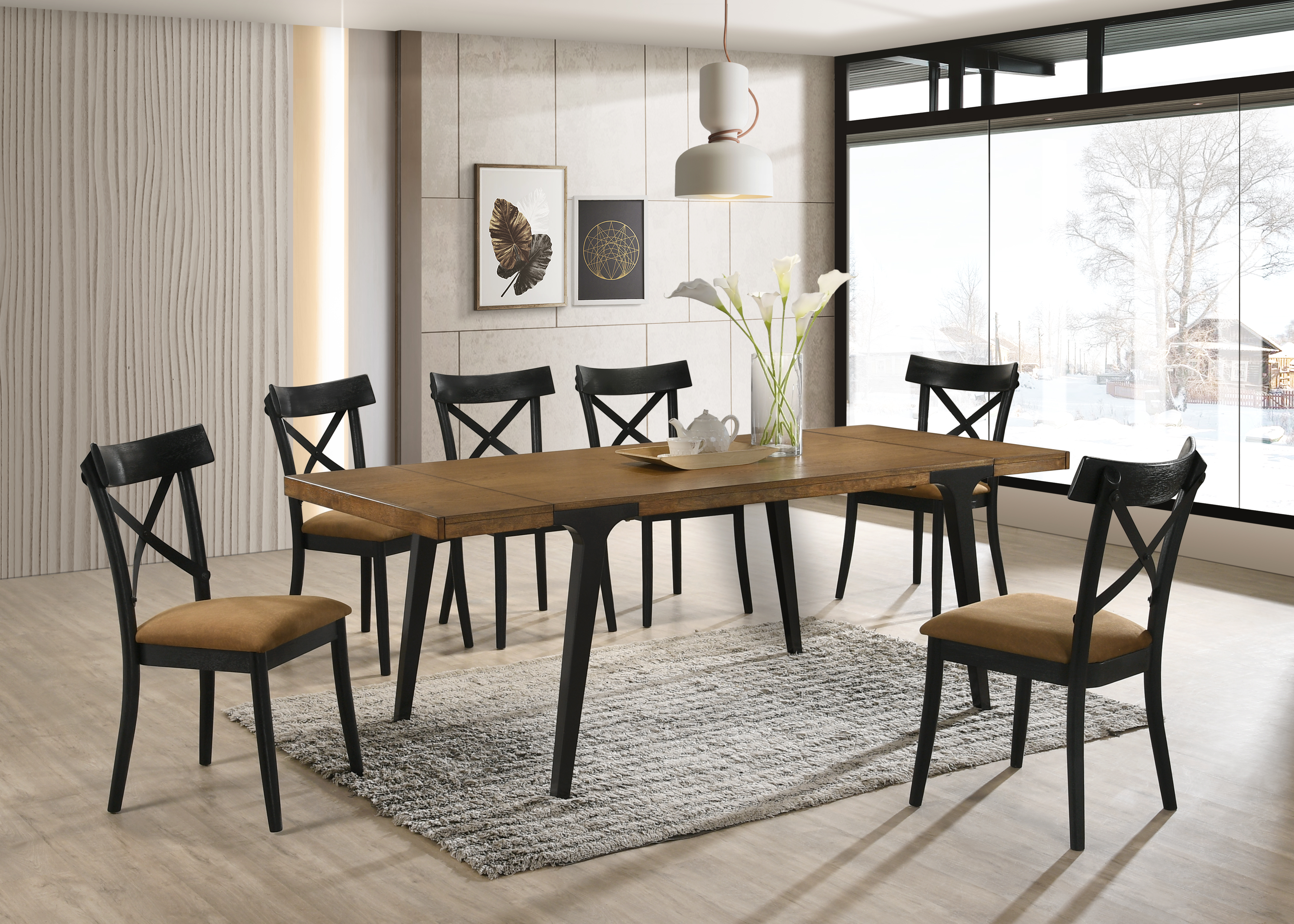 Walnut and Black Extendable Dining Table with 2 Leaf