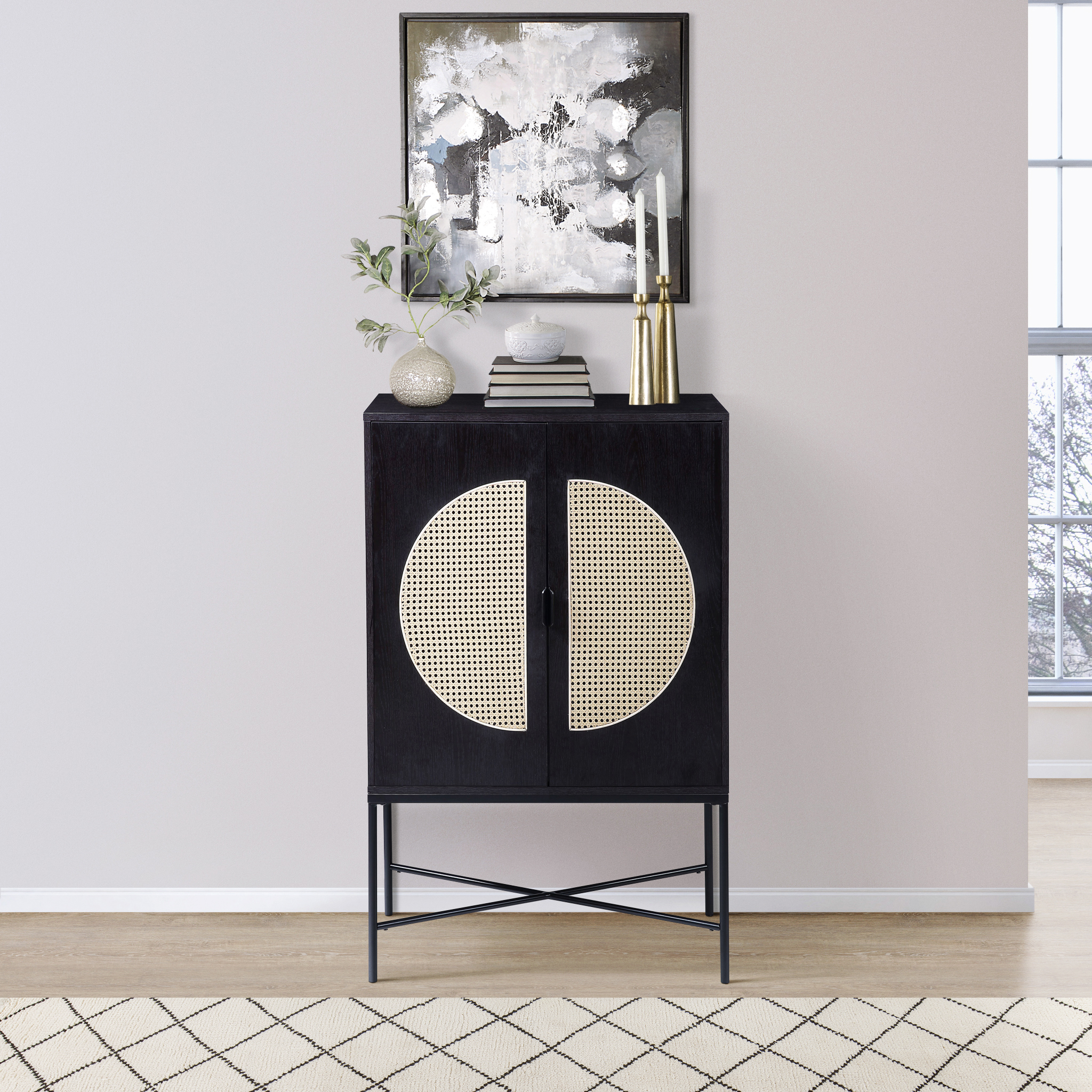 Black 2-door Wine Cabinet with Rattan Insert