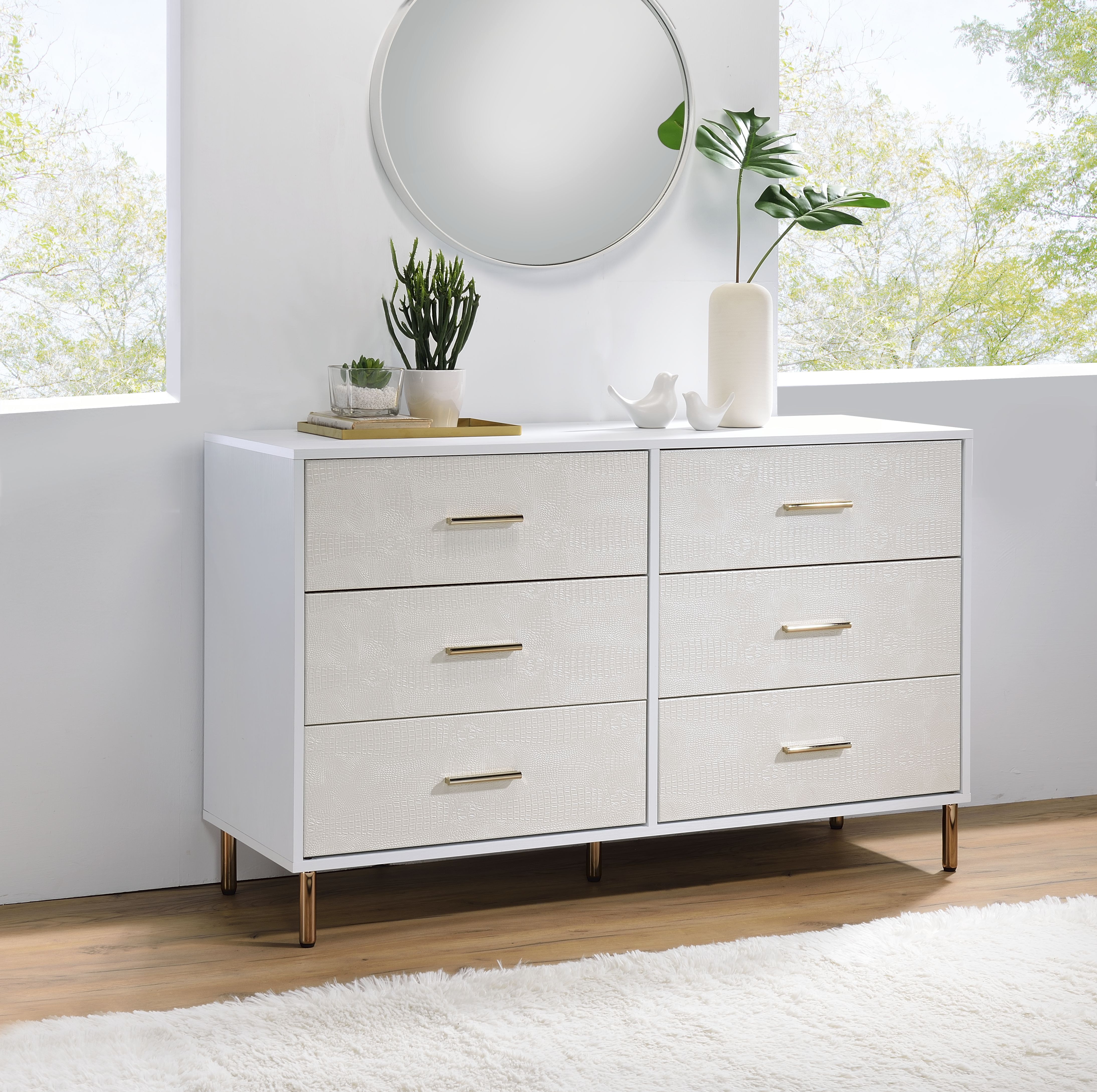 White and Champagne 6-Drawer Dresser