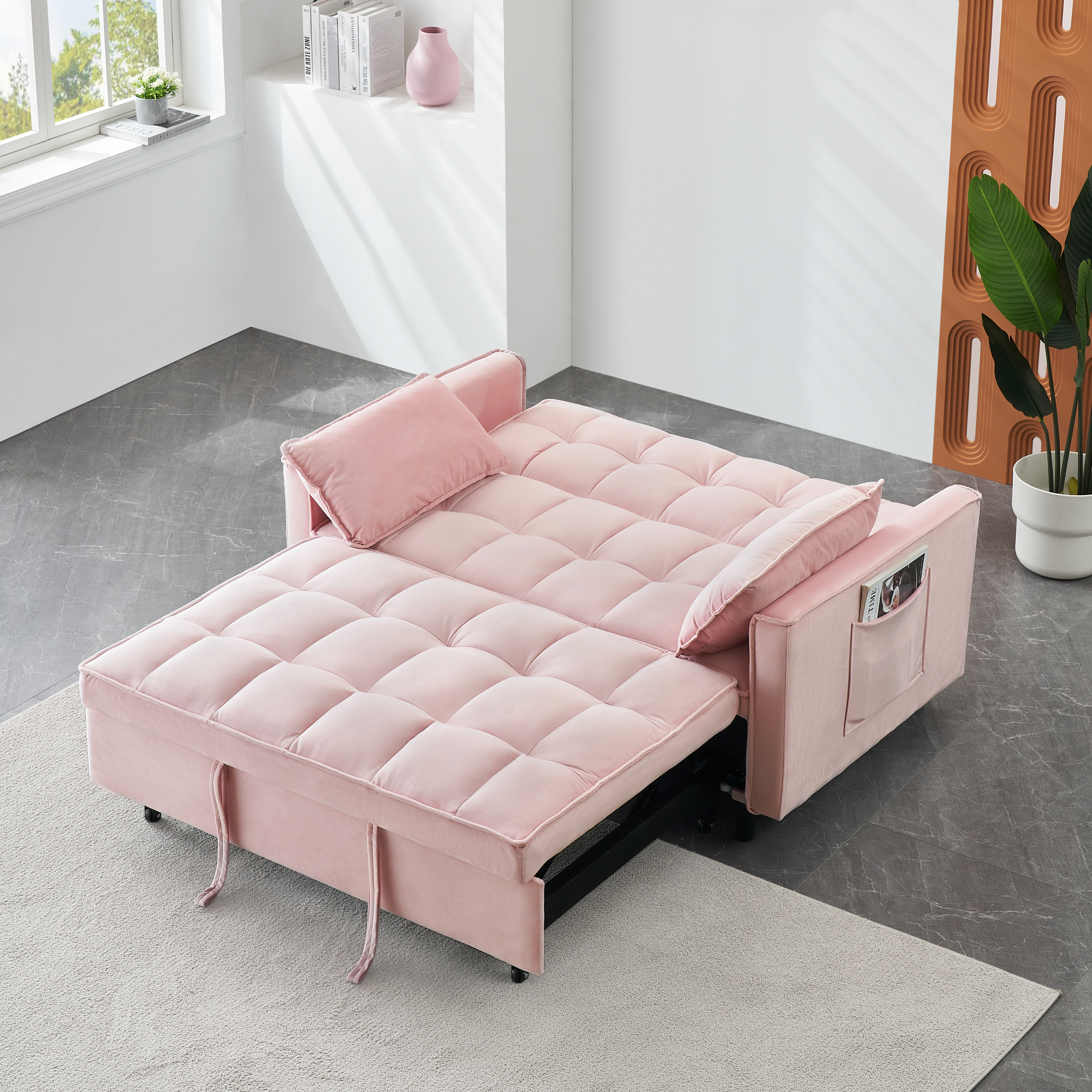 Modern velvet sofa, sofa pull-out bed, small love seat casual sofa with back, with pillow, pockets, living room furniture, 3 in 1 convertible sleep sofa bed.