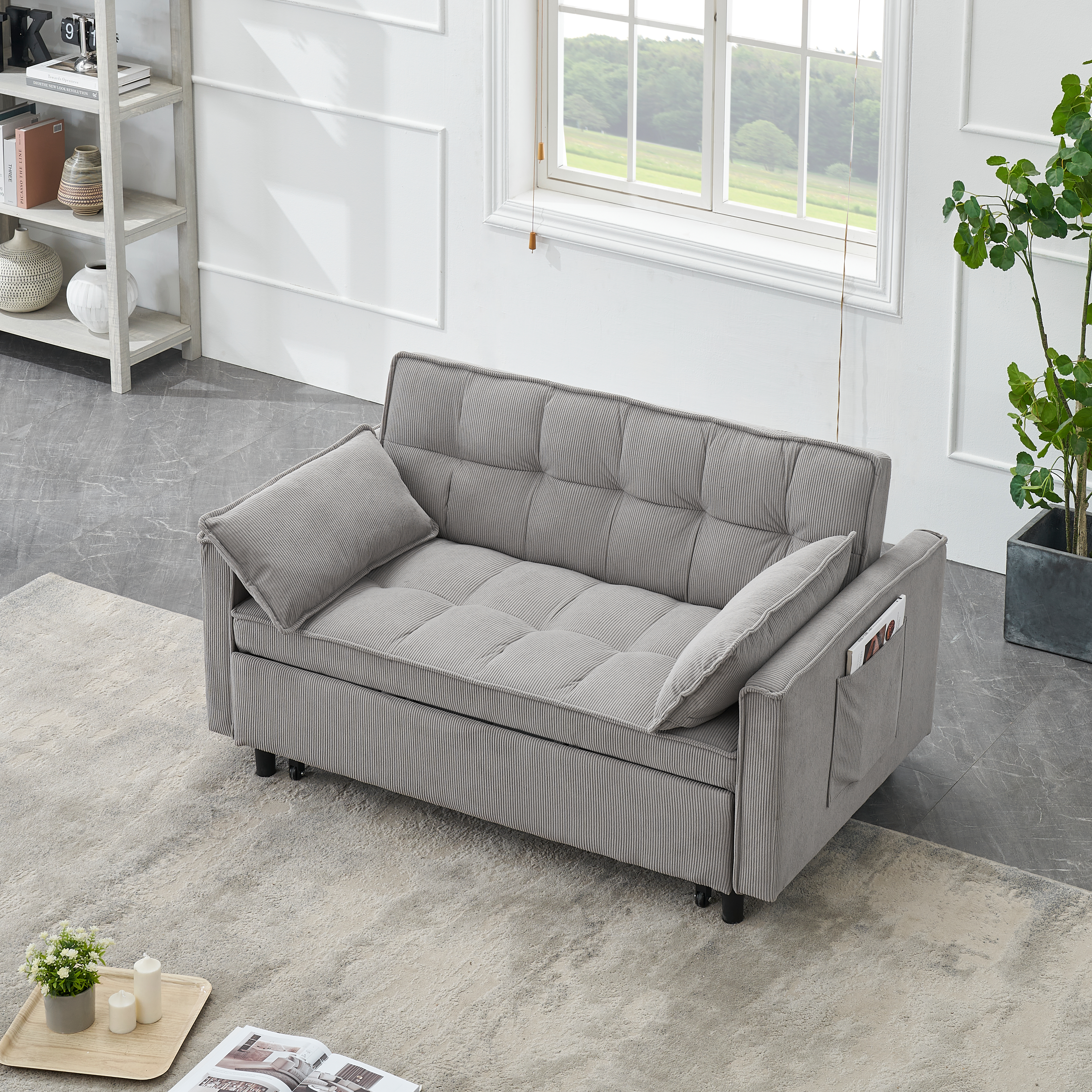 Two-seat casual sofa with pull out bed, living room furniture, light grey