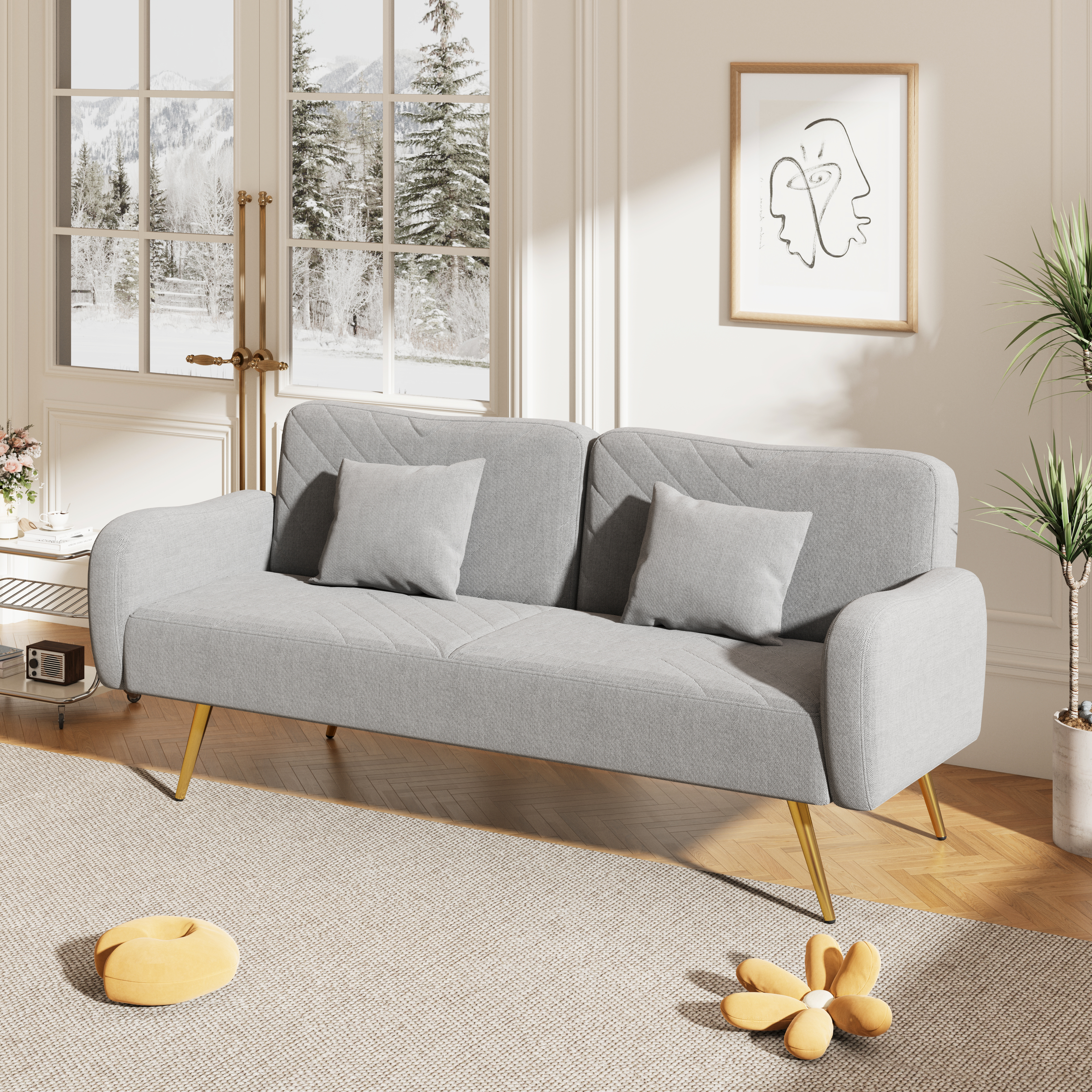 70.47" Gray Fabric Double Sofa with Split Backrest and Two Throw Pillows