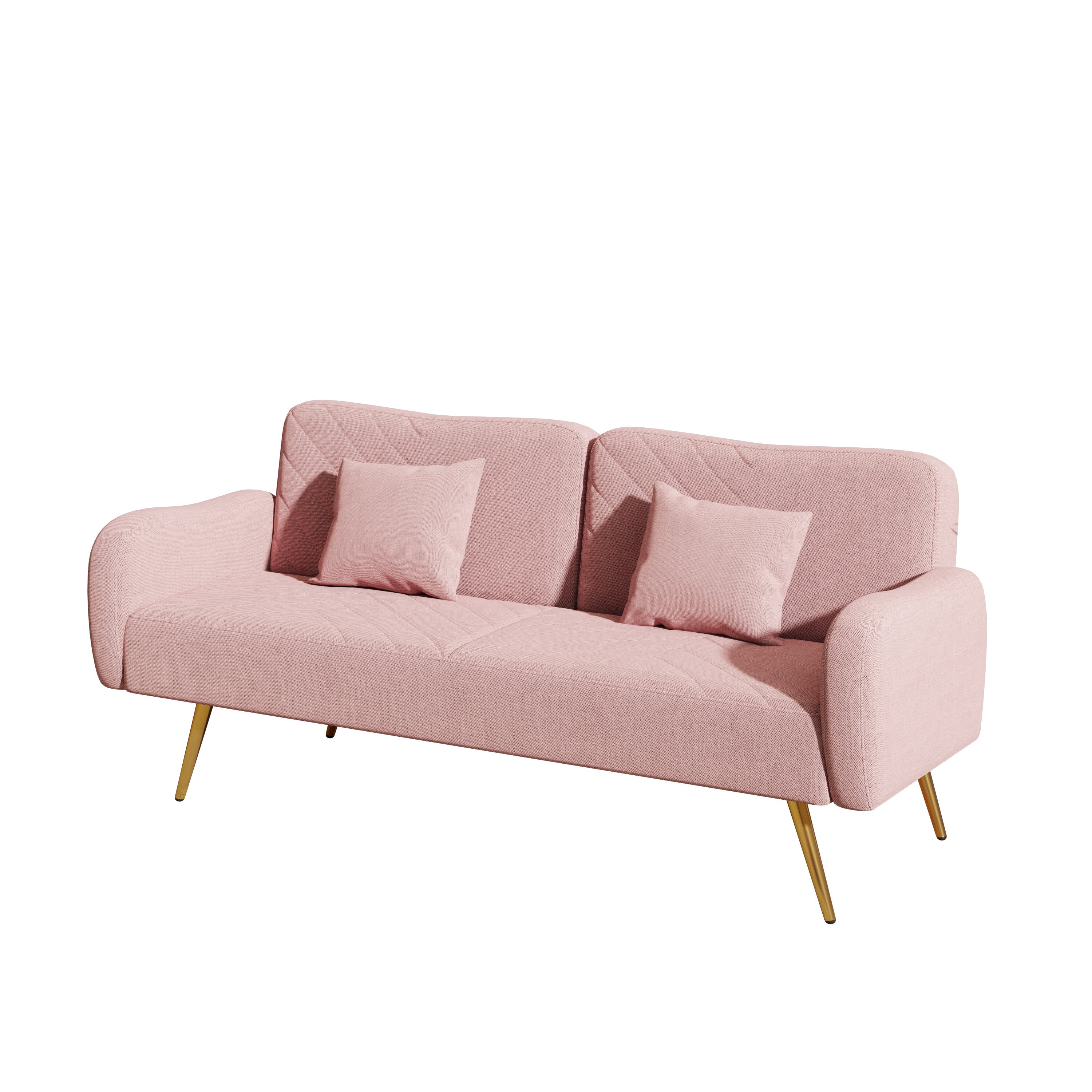 70.47" Pink Fabric Double Sofa with Split Backrest and Two Throw Pillows