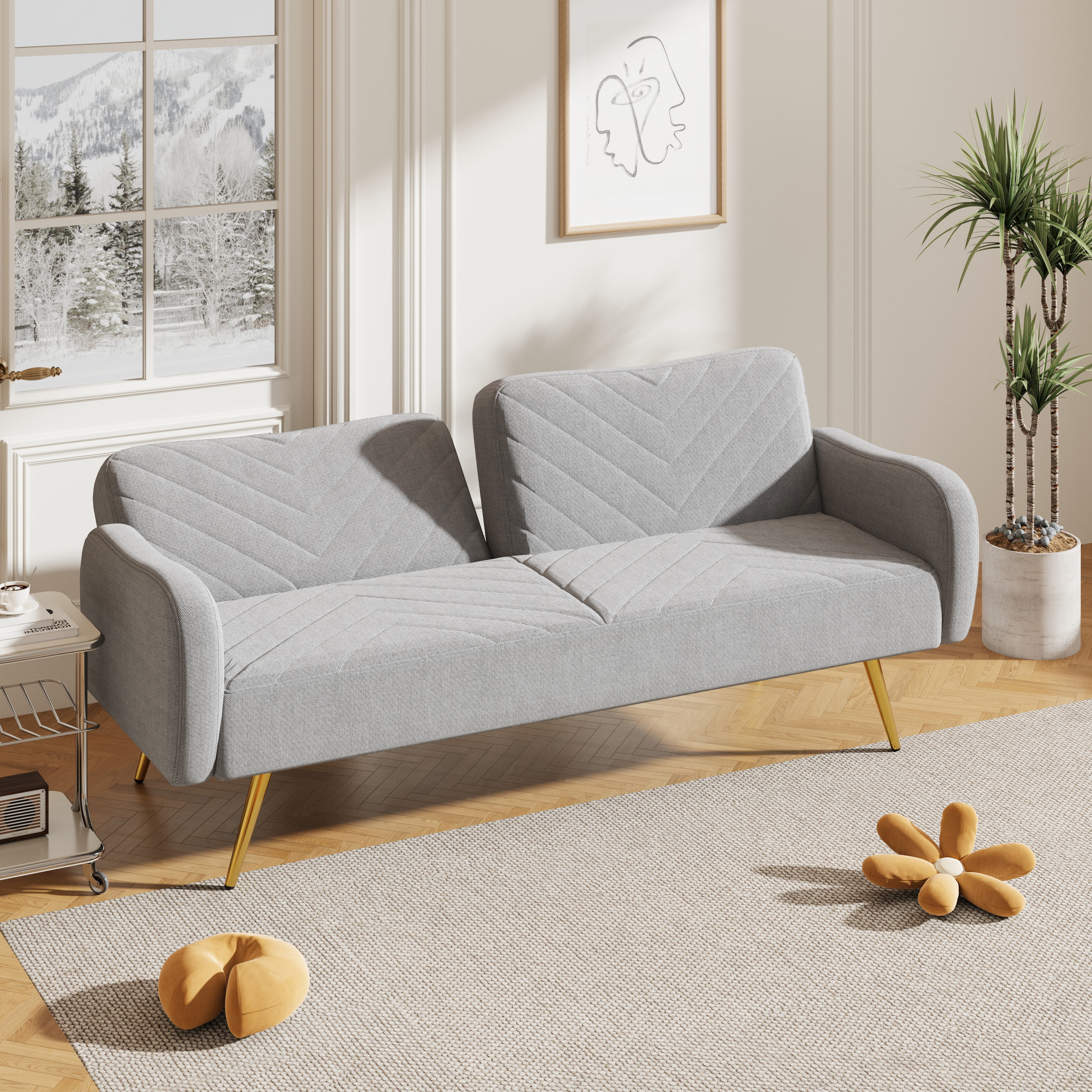 70.47" Gray Fabric Double Sofa with Split Backrest and Two Throw Pillows