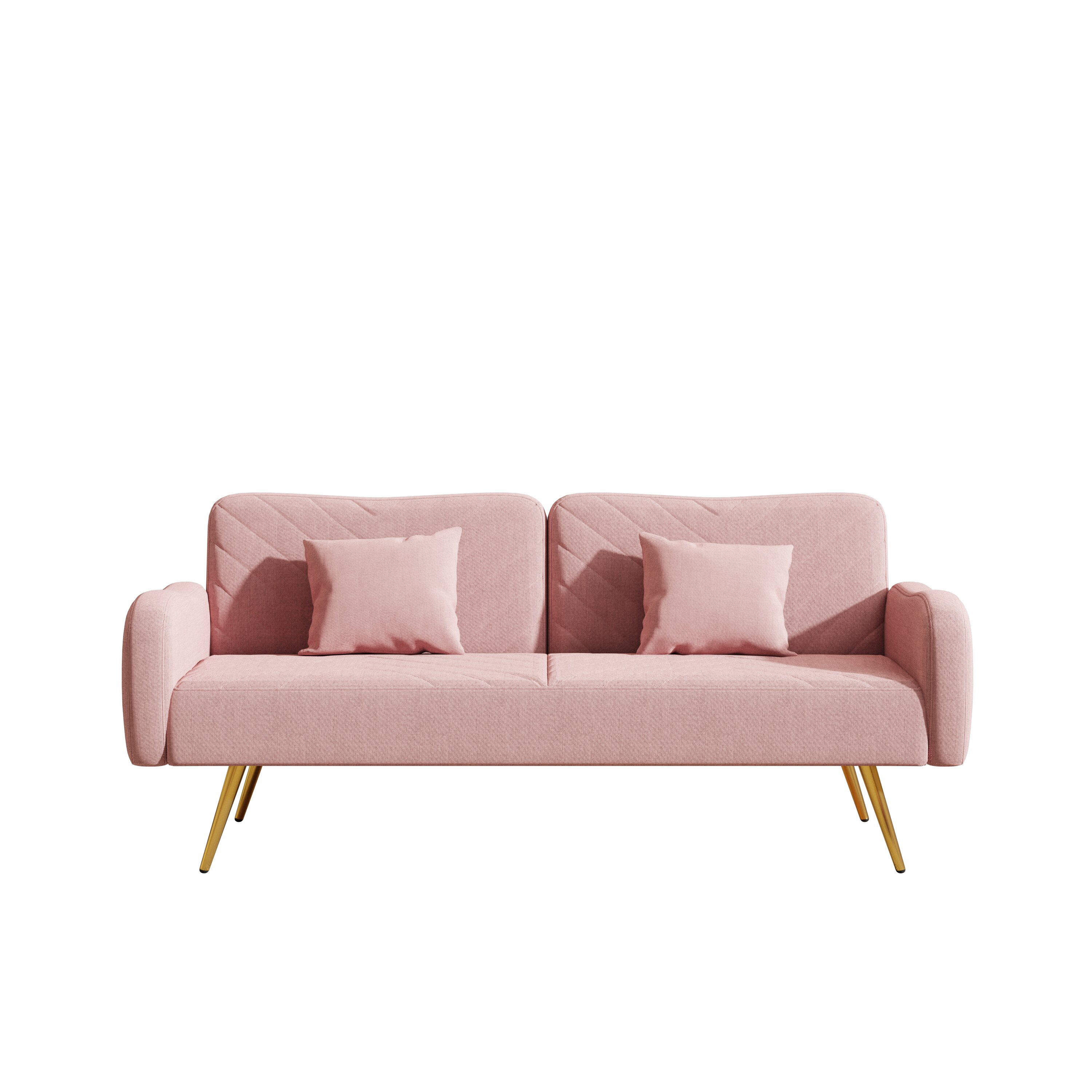 70.47" Pink Fabric Double Sofa with Split Backrest and Two Throw Pillows