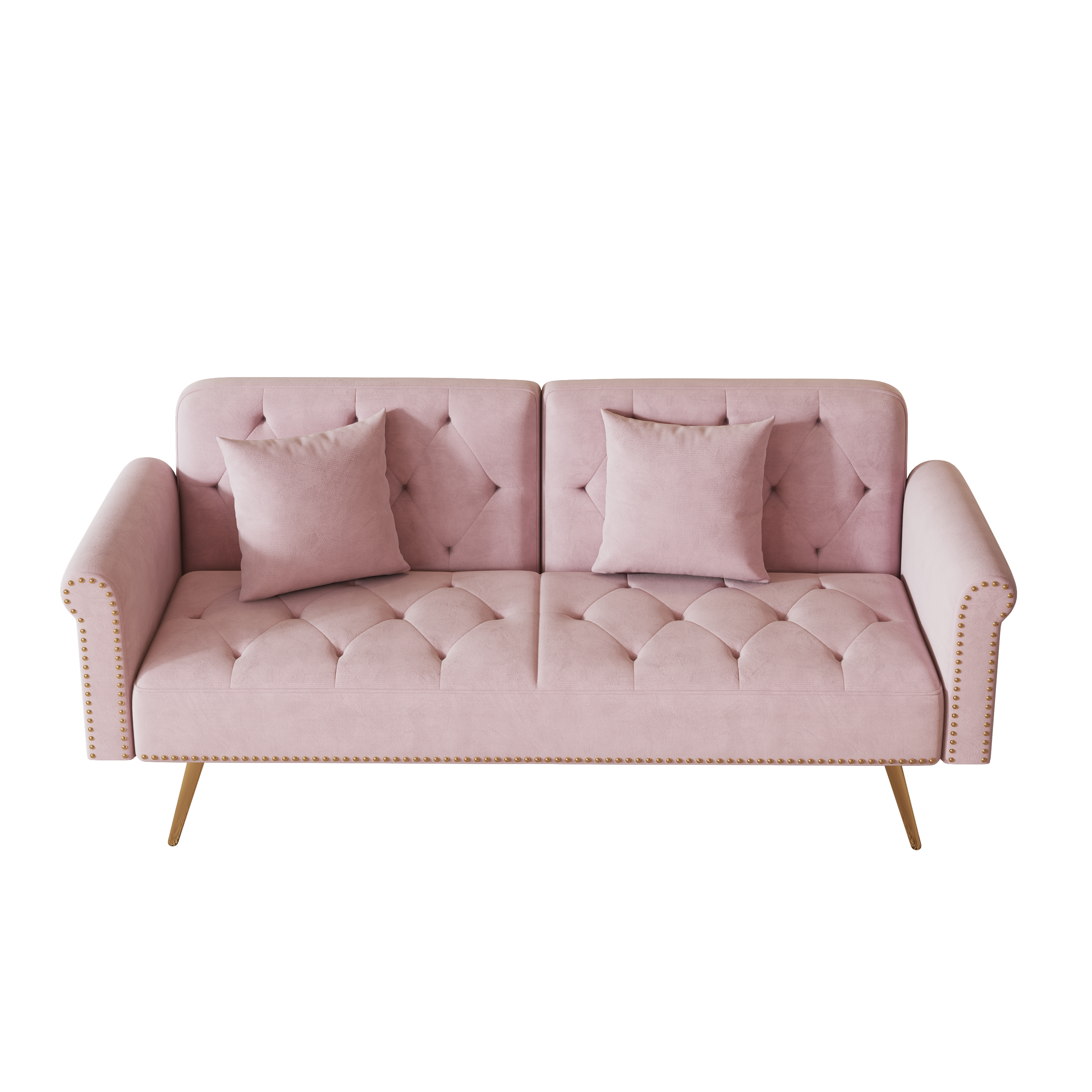 69.7 inch pink velvet nail head sofa bed with throw pillow