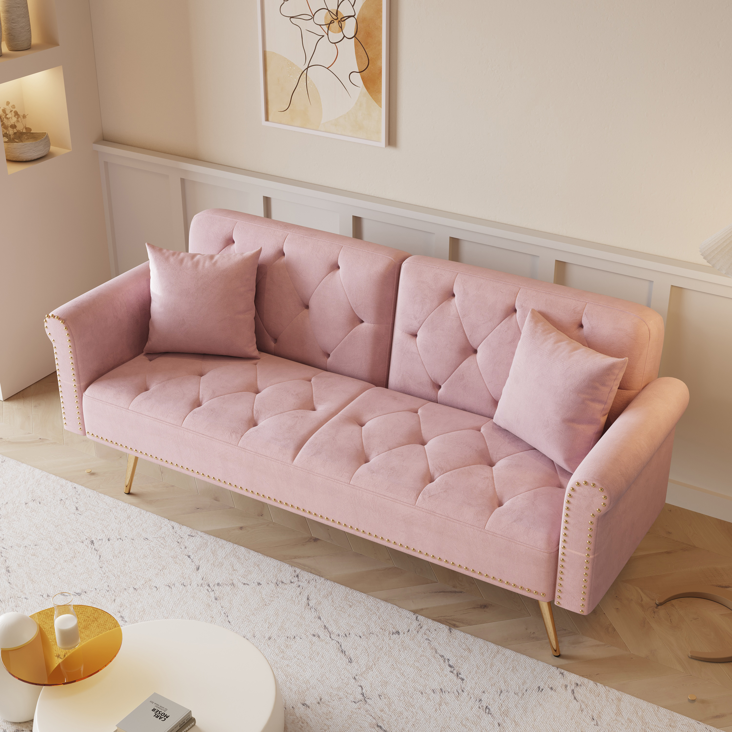 69.7 inch pink velvet nail head sofa bed with throw pillow