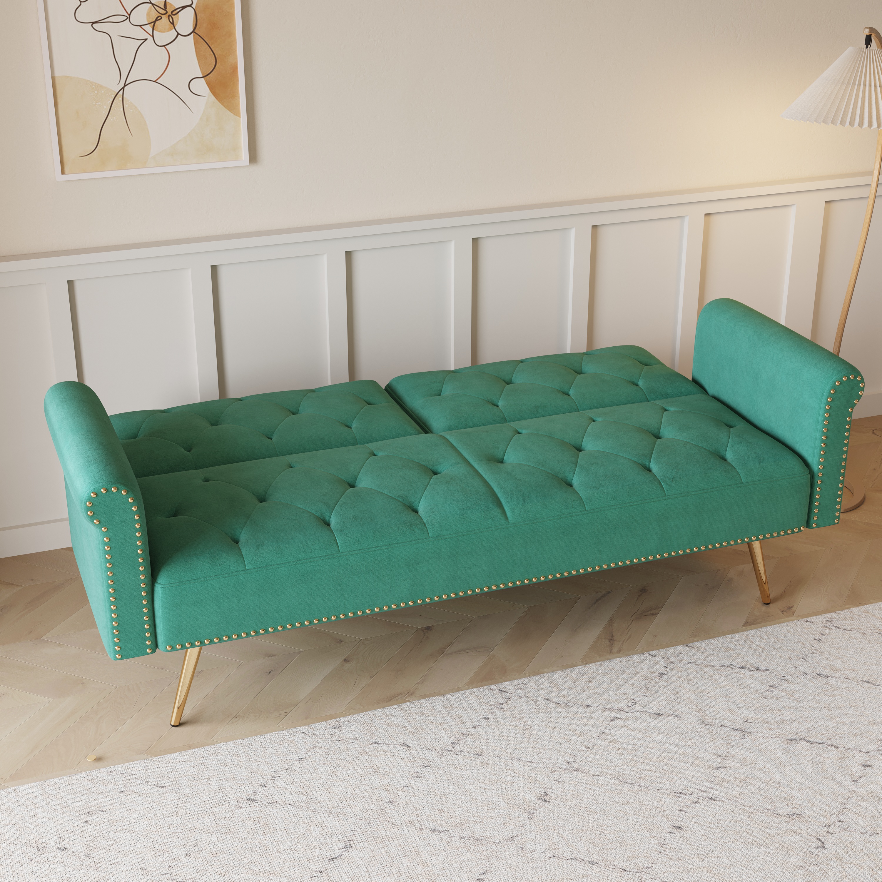 69.7 "green velvet nail head sofa bed with throw pillow