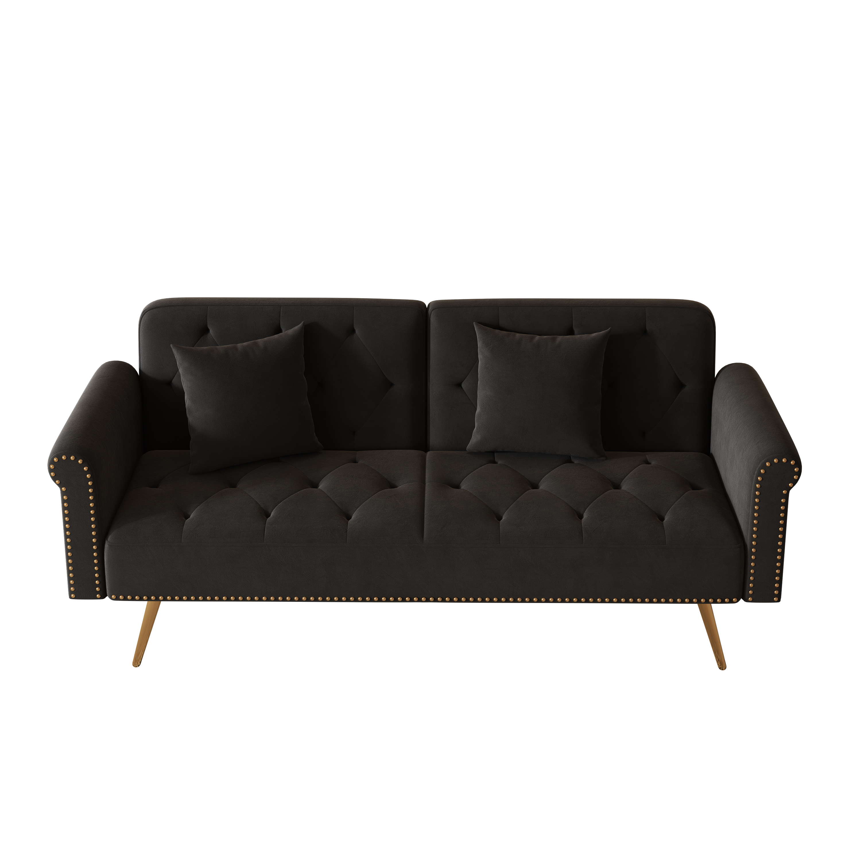 69.7-inch black velvet nail head sofa bed with throw pillow