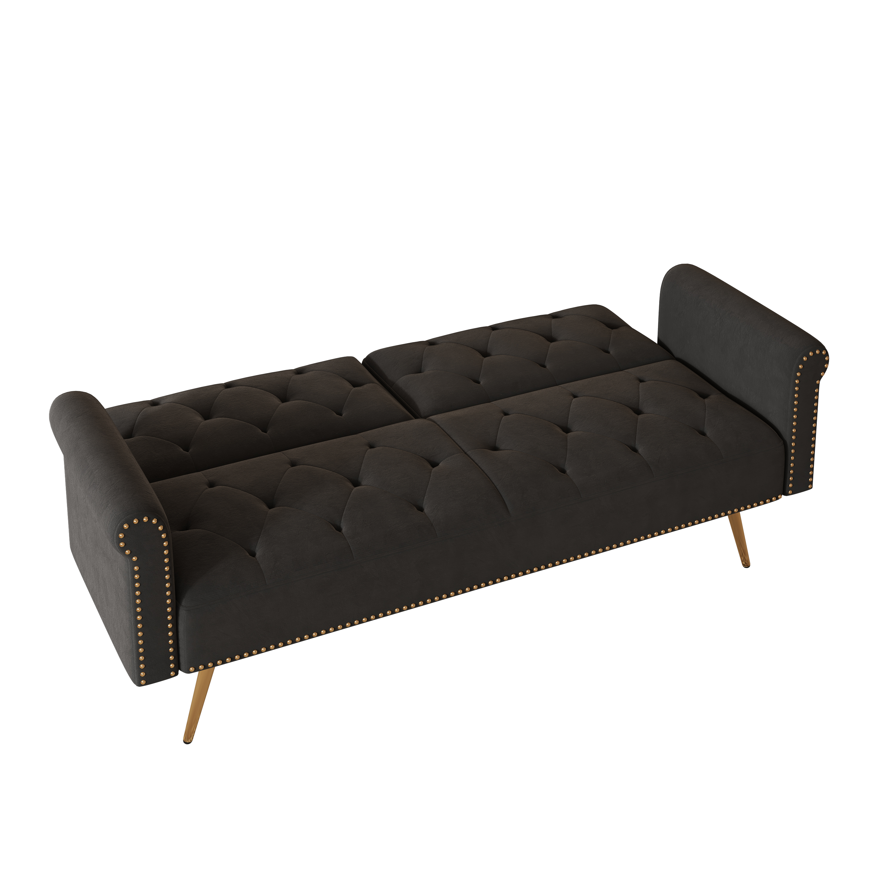 69.7-inch black velvet nail head sofa bed with throw pillow