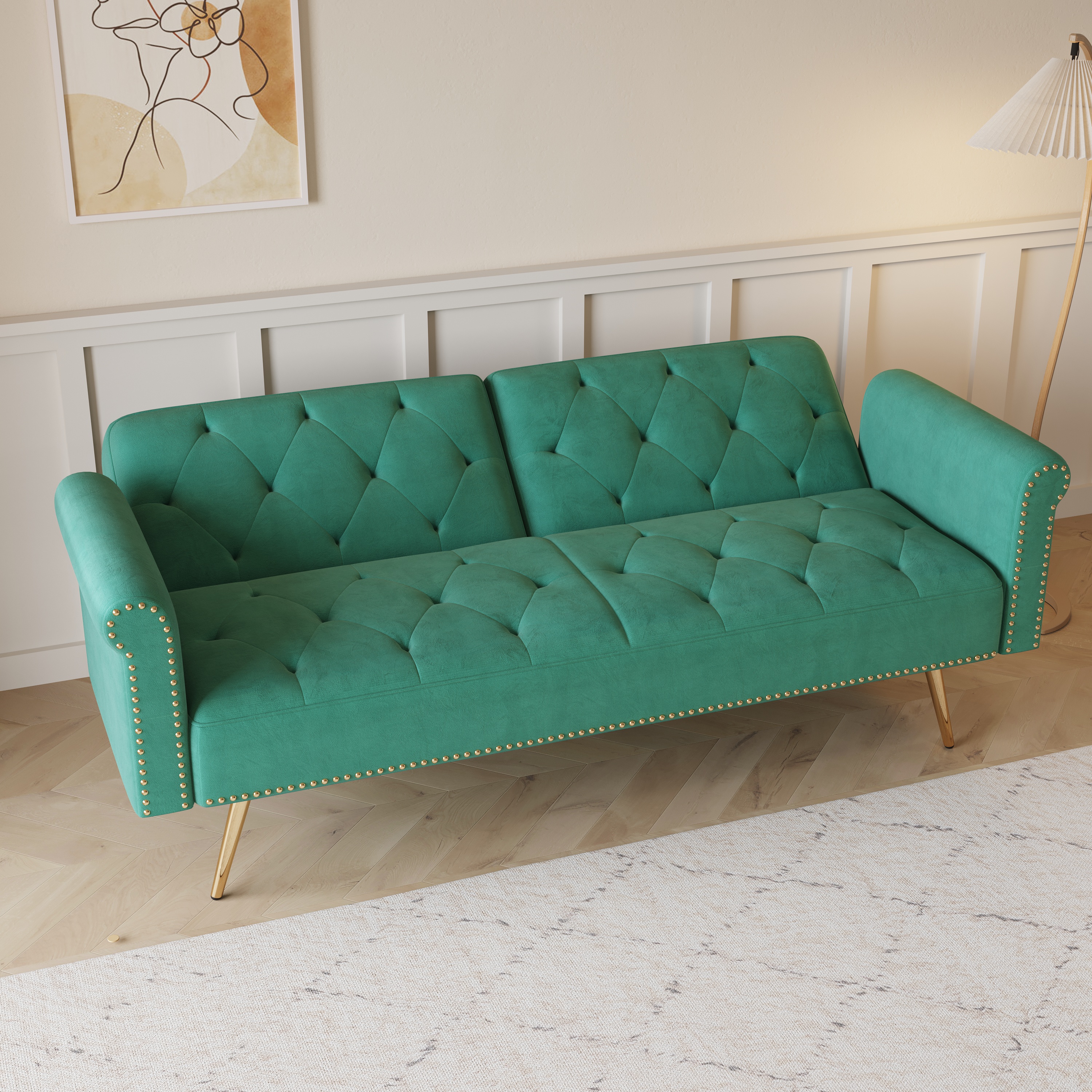 69.7 "green velvet nail head sofa bed with throw pillow