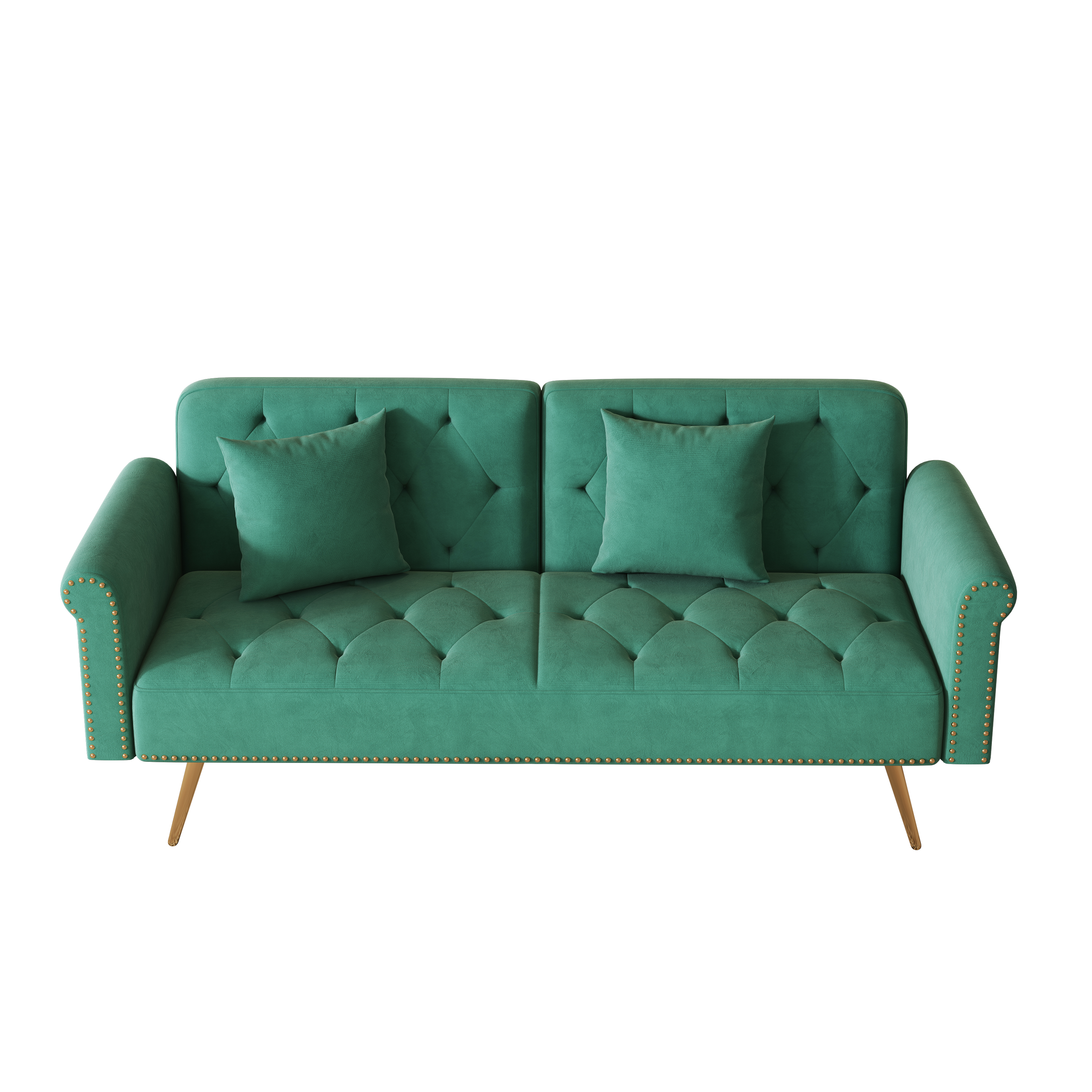 69.7 "green velvet nail head sofa bed with throw pillow