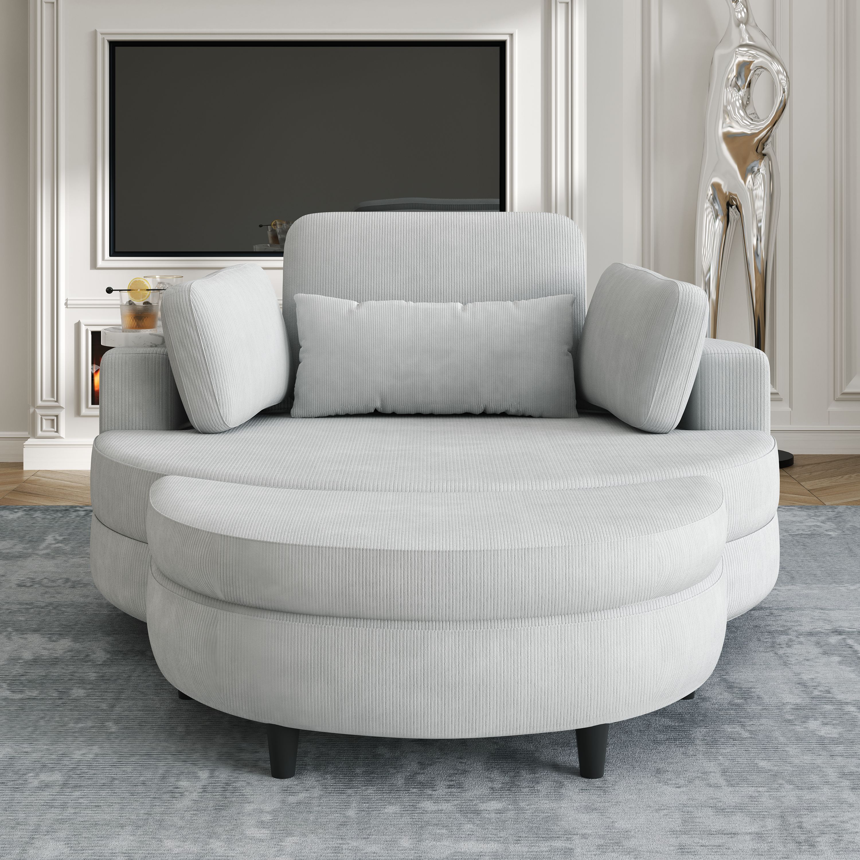 51-inch gray corduroy sofa with two throw pillows and a waist pillow with an extra tray for comfortable seating in small apartment bedrooms