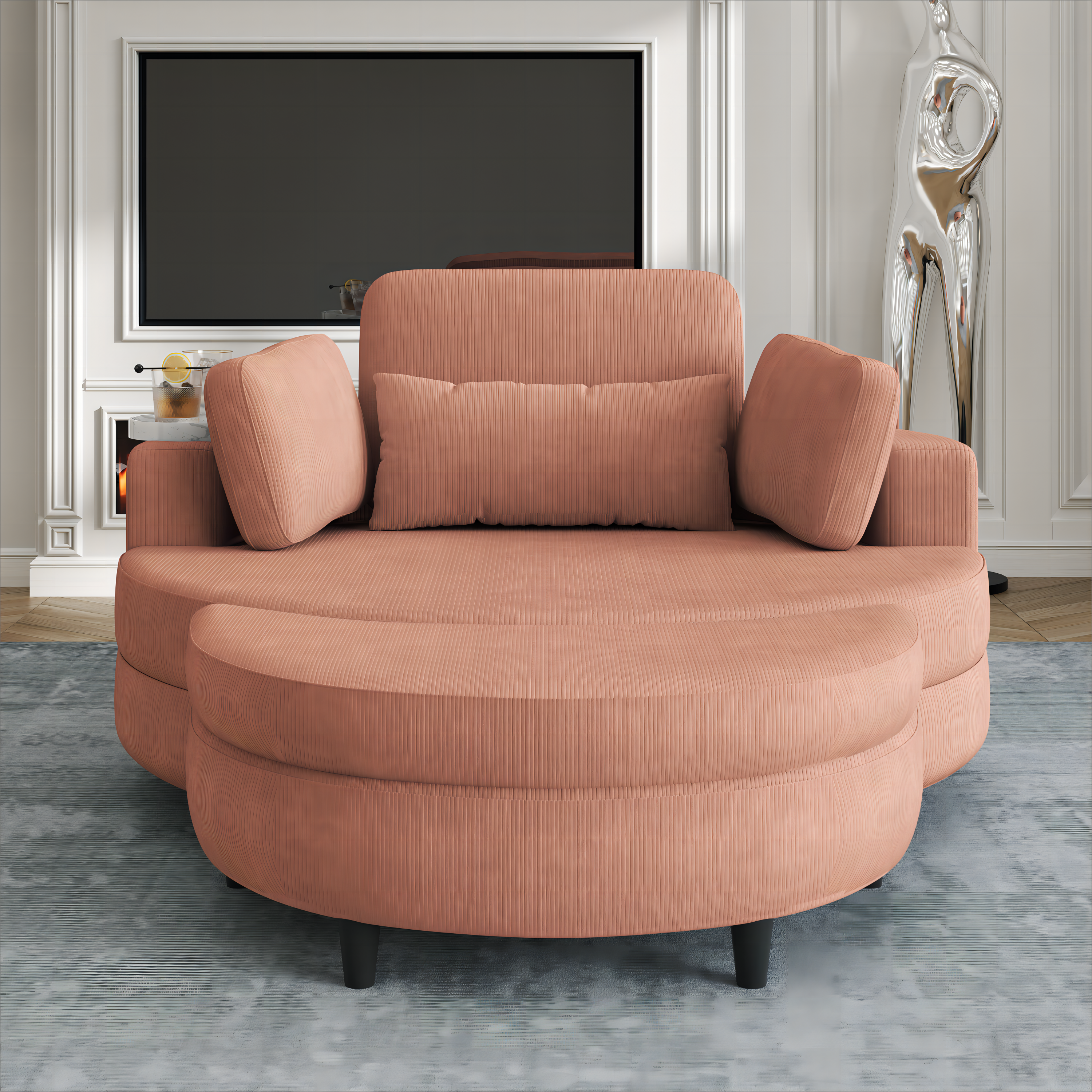 A 51-inch orange corduroy sofa with two throw pillows, a waist pillow and an extra tray is comfortable for a small apartment bedroom