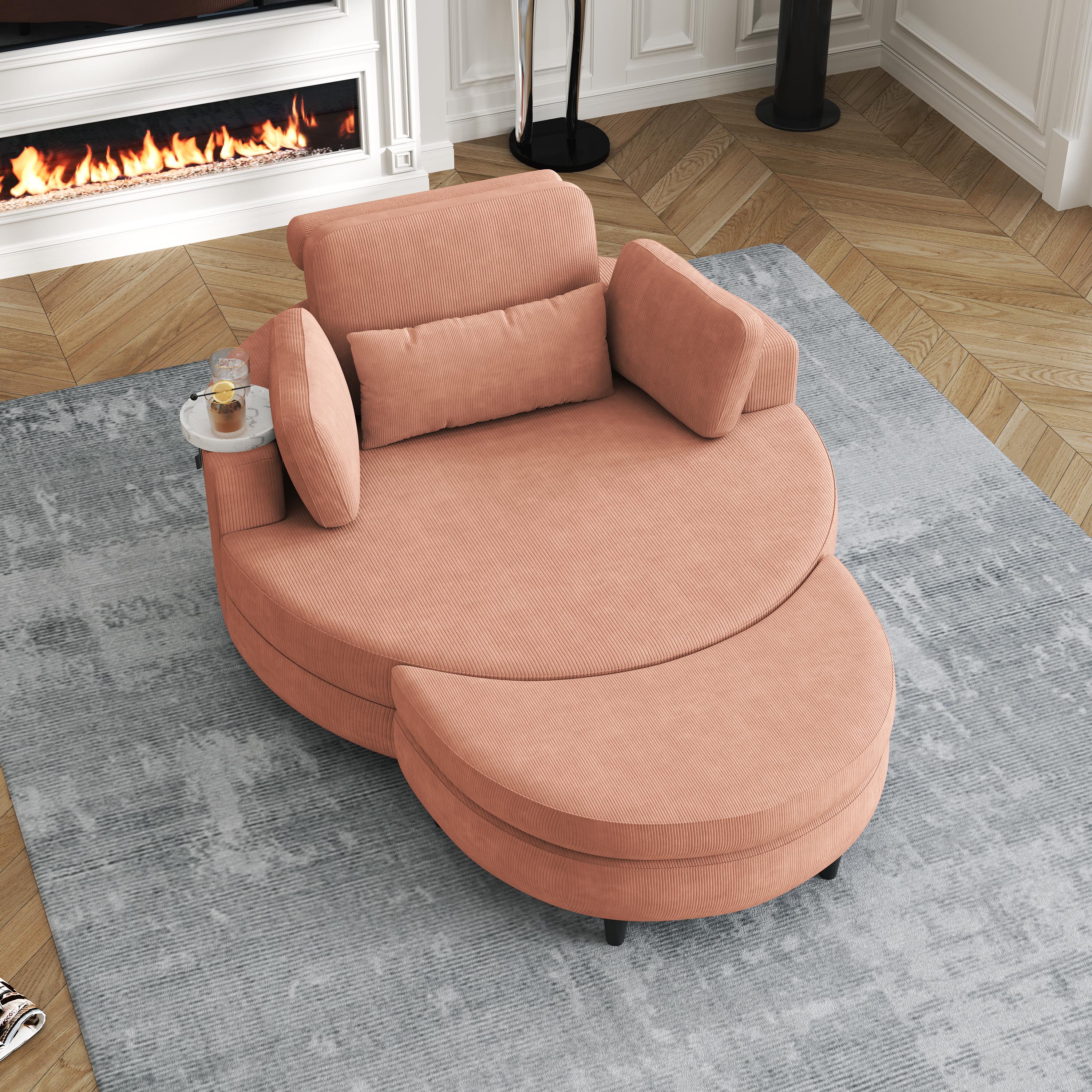 A 51-inch orange corduroy sofa with two throw pillows, a waist pillow and an extra tray is comfortable for a small apartment bedroom