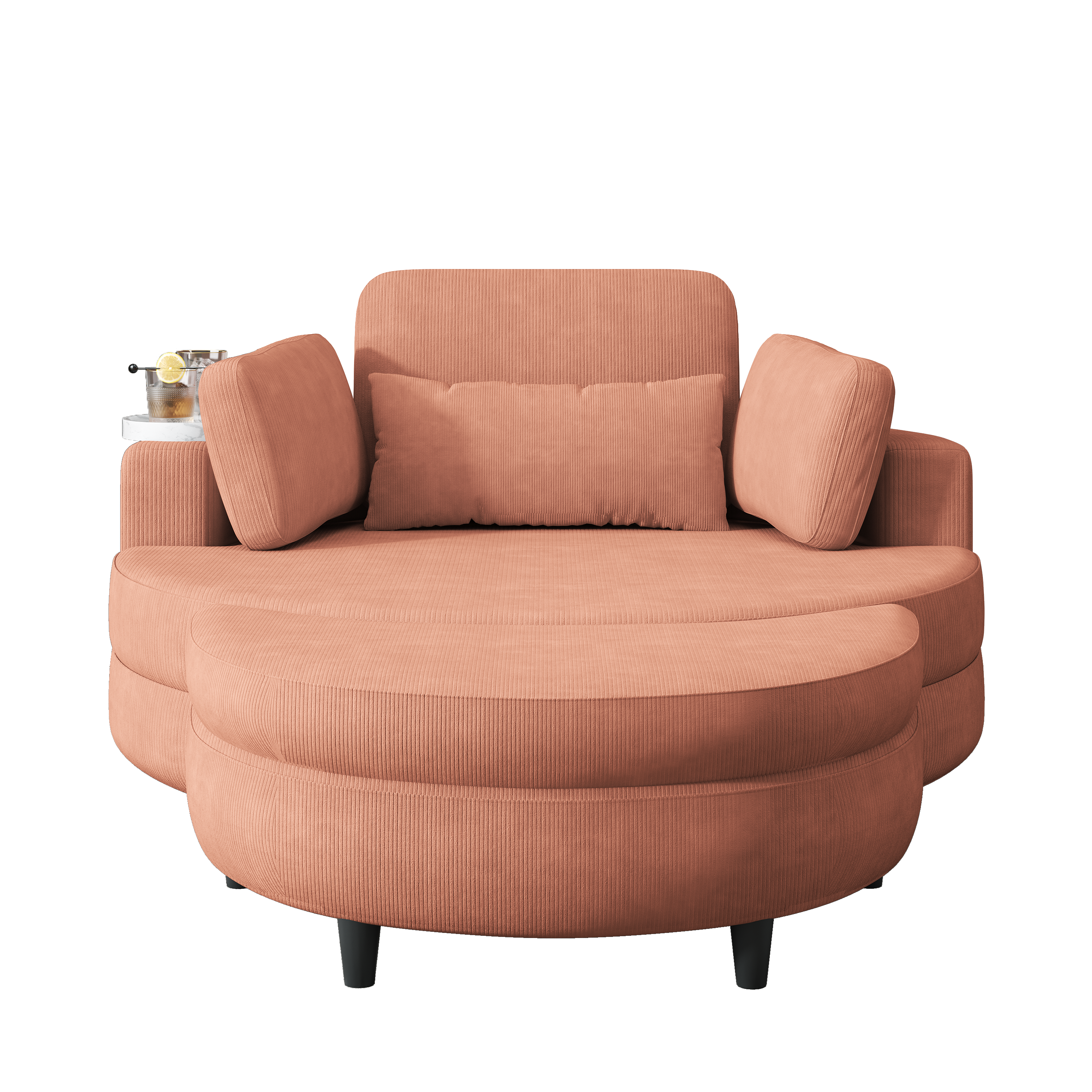 A 51-inch orange corduroy sofa with two throw pillows, a waist pillow and an extra tray is comfortable for a small apartment bedroom