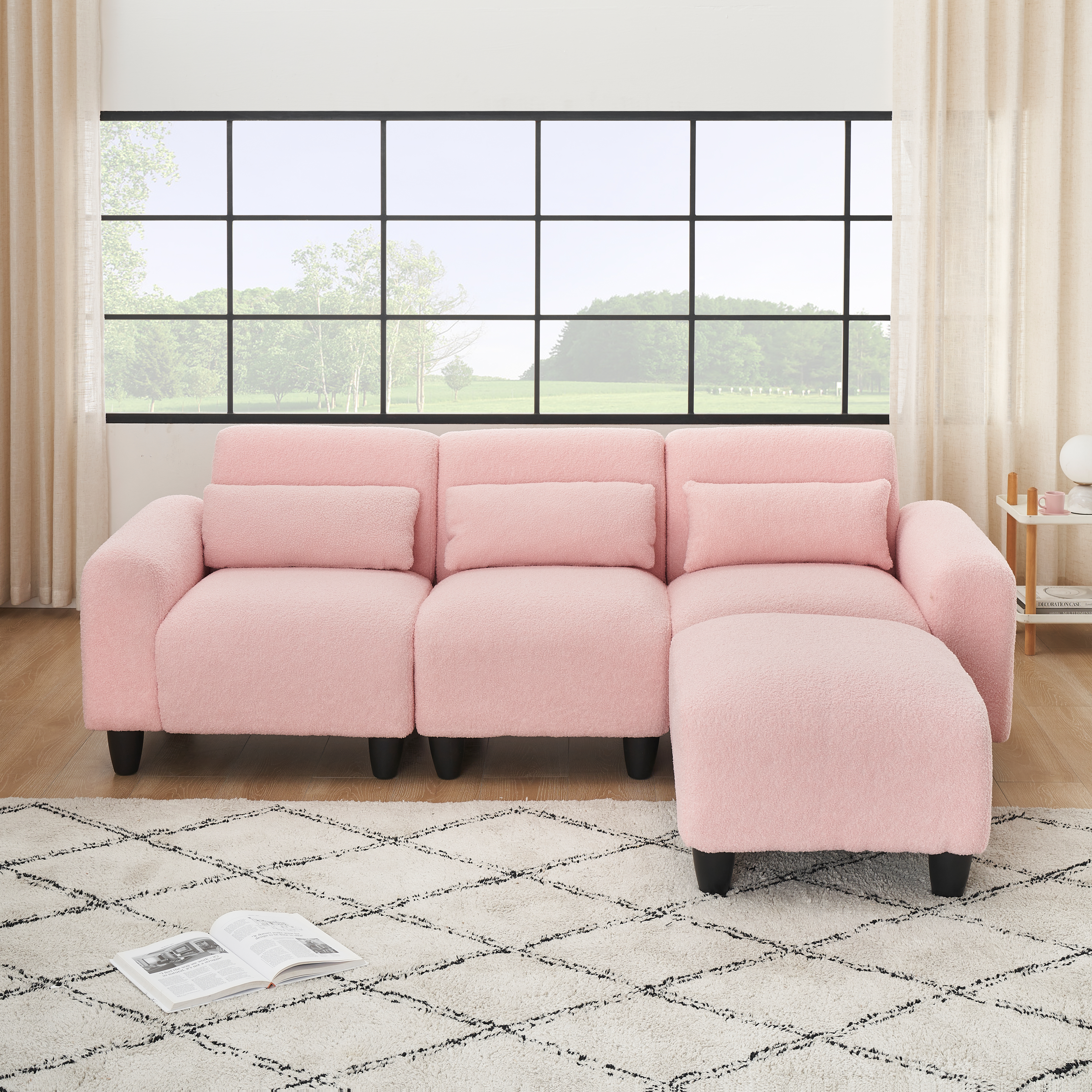 The 84.6-inch pink teddy fleece  creative sofa can be assembled into a two-seater sofa plus a single couch with three waist pillows to perfectly stretch your waist for small apartment bedroom Spaces