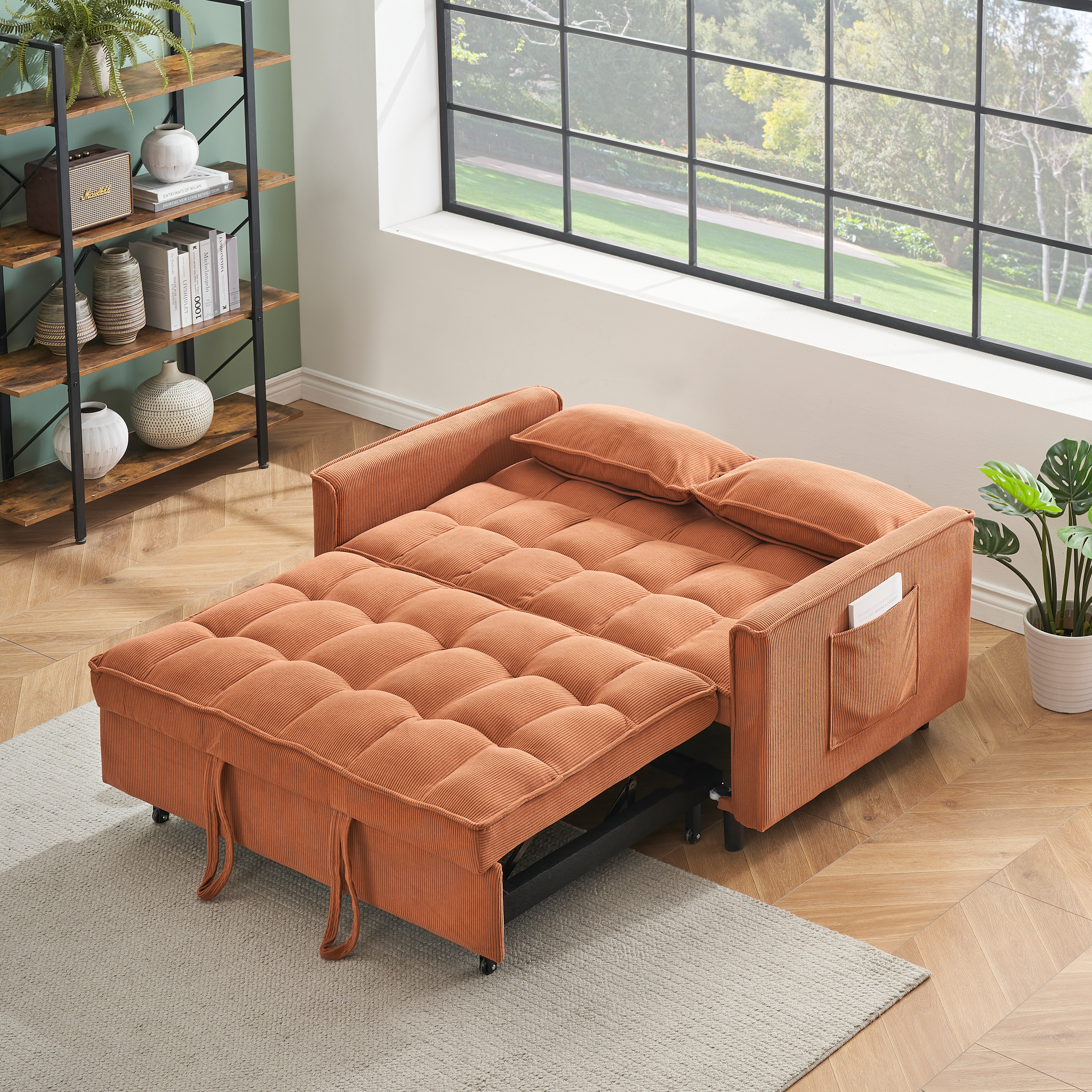 Folding sofa bed, adjustable back, access sofa, recliner, single bed, orange