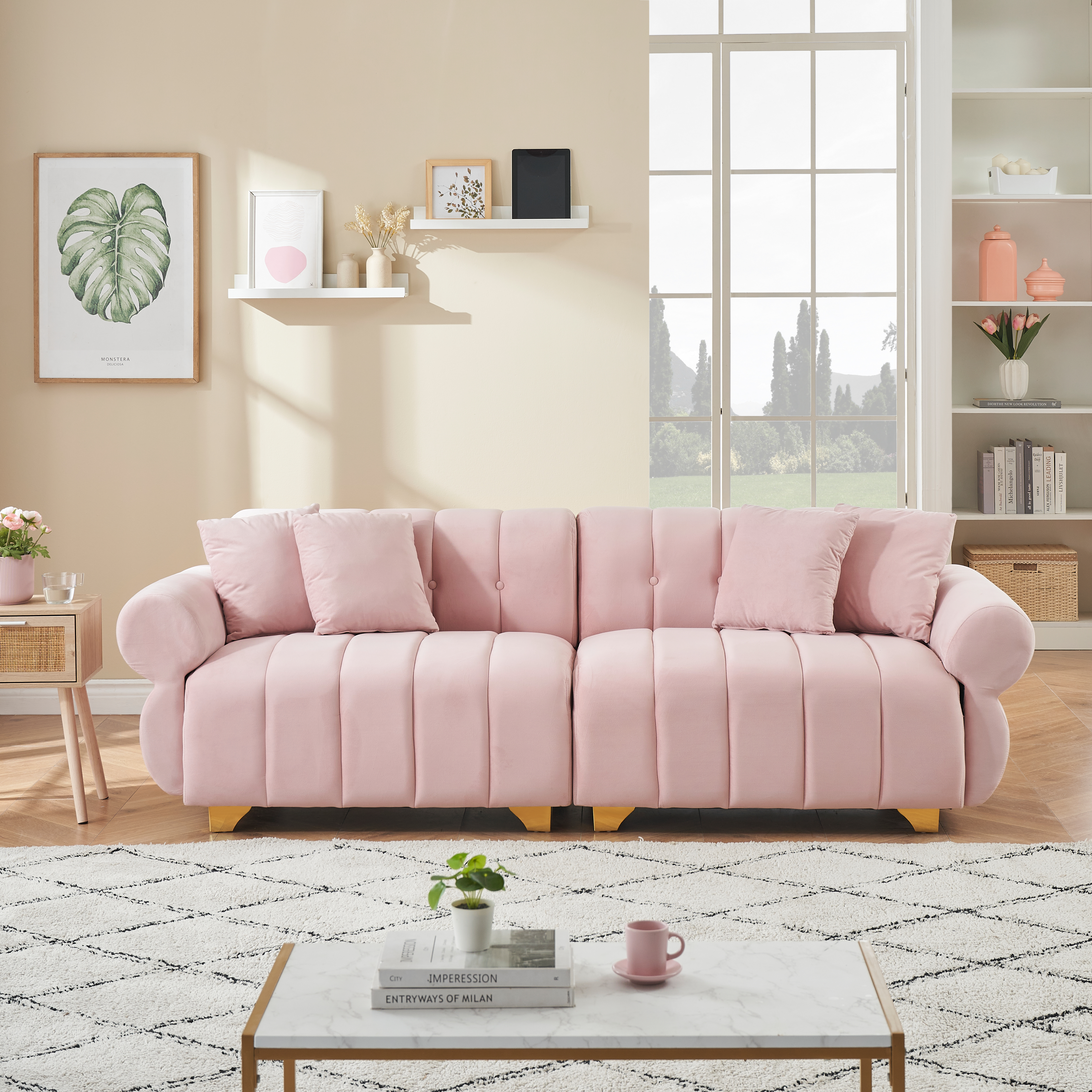 89-inch spring-wrapped cushions, 3 flannelette sofas, stylish metal feet and 4 throw pillows make for a modern living room bedroom