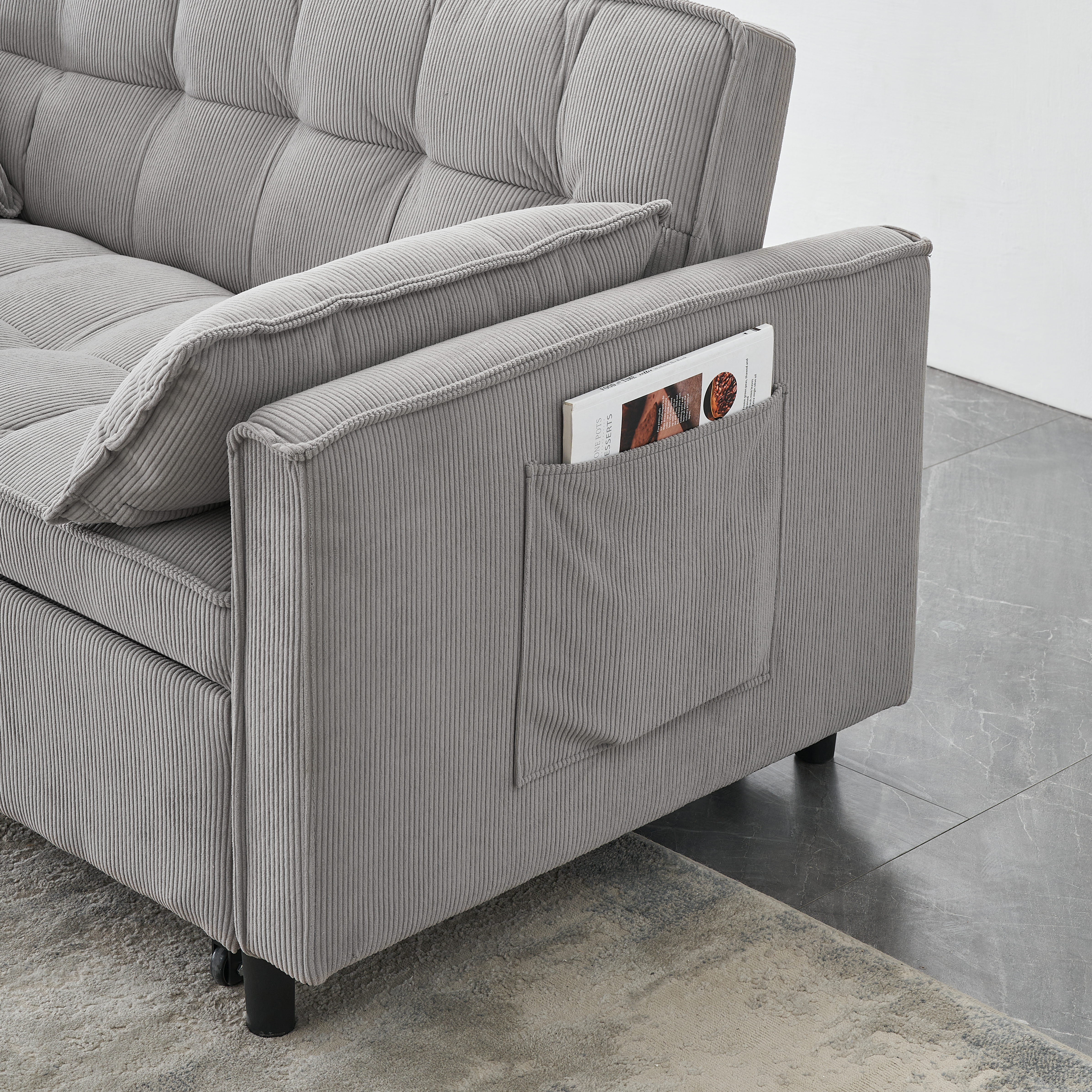 Two-seat casual sofa with pull out bed, living room furniture, light grey