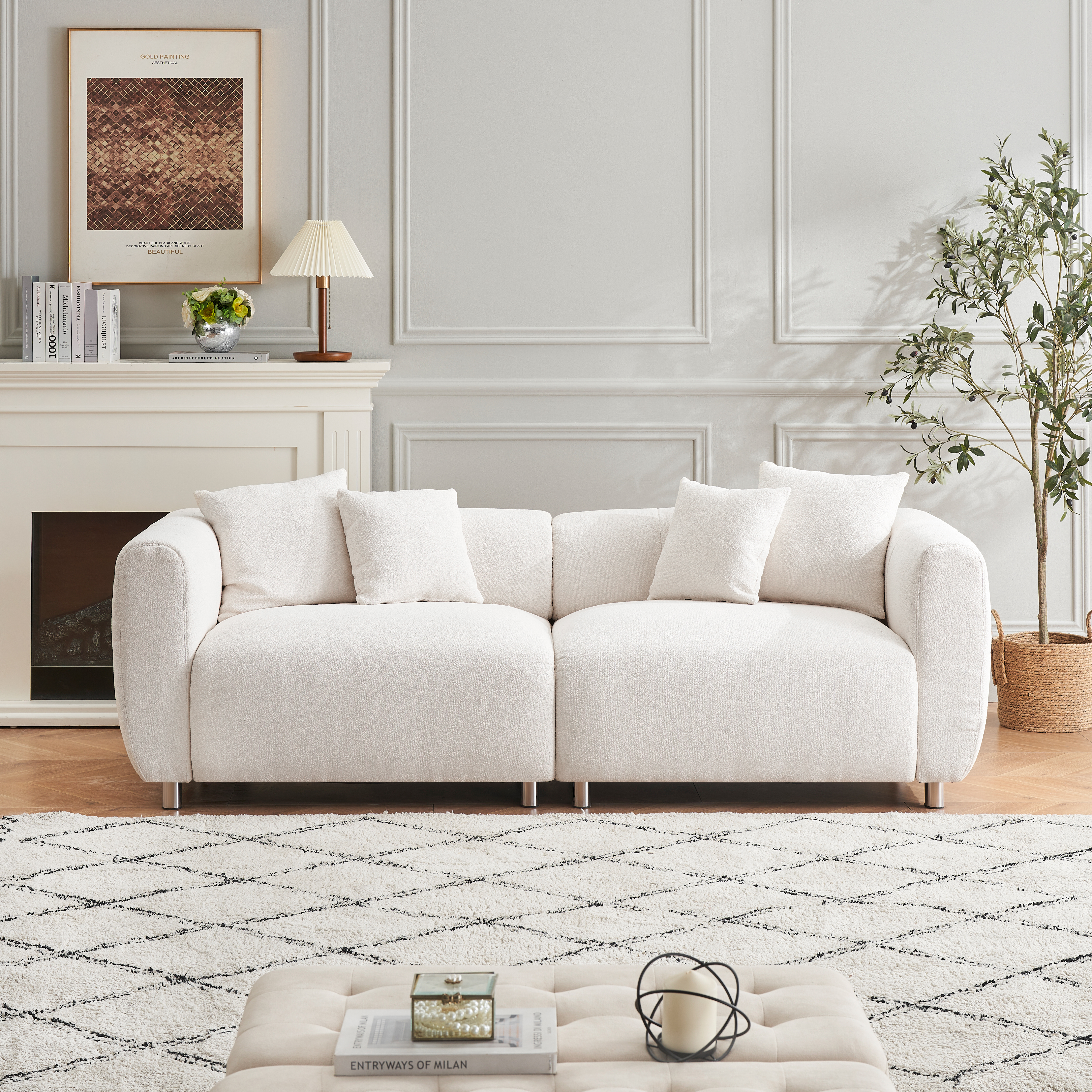 89 inch Sofa for Living Room, Fashion  Sofa with Metal Legs, 3 Seater Sofa, Solid Wood Frame Couch with 4Pillows, for Apartment Office Living Room - White