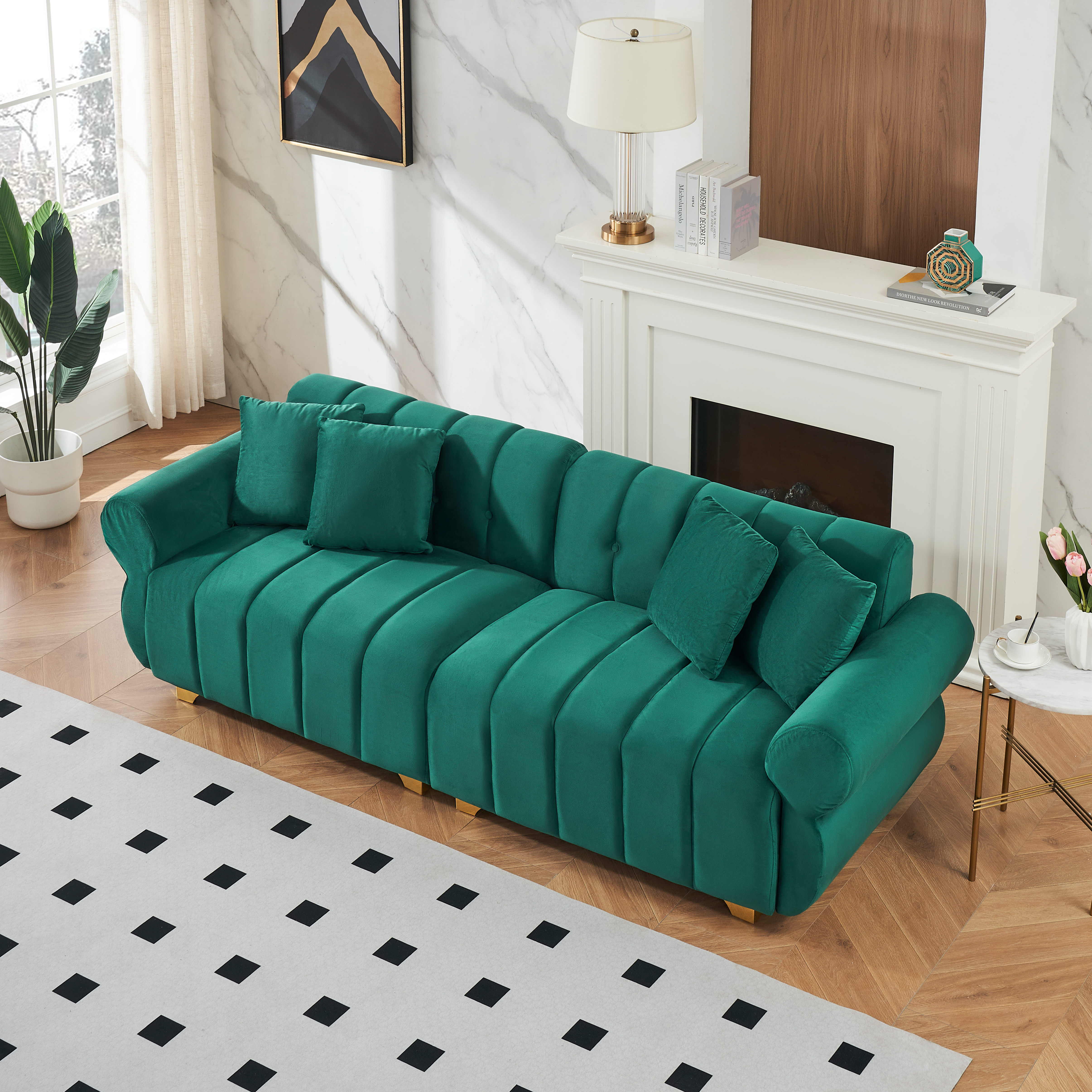 89-inch spring-wrapped cushions, 3 flannelette sofas, stylish metal feet and 4 throw pillows make for a modern living room bedroom