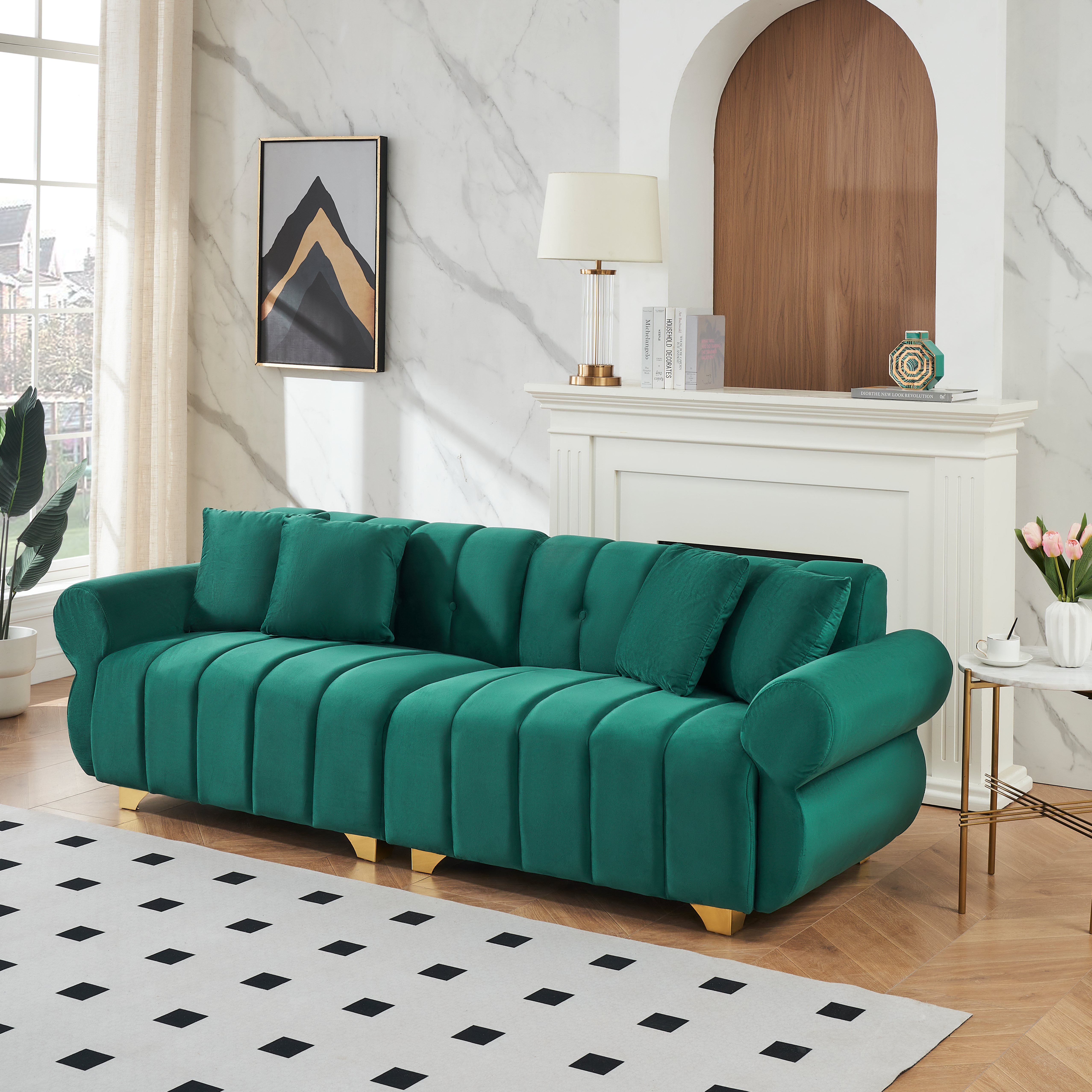 89-inch spring-wrapped cushions, 3 flannelette sofas, stylish metal feet and 4 throw pillows make for a modern living room bedroom