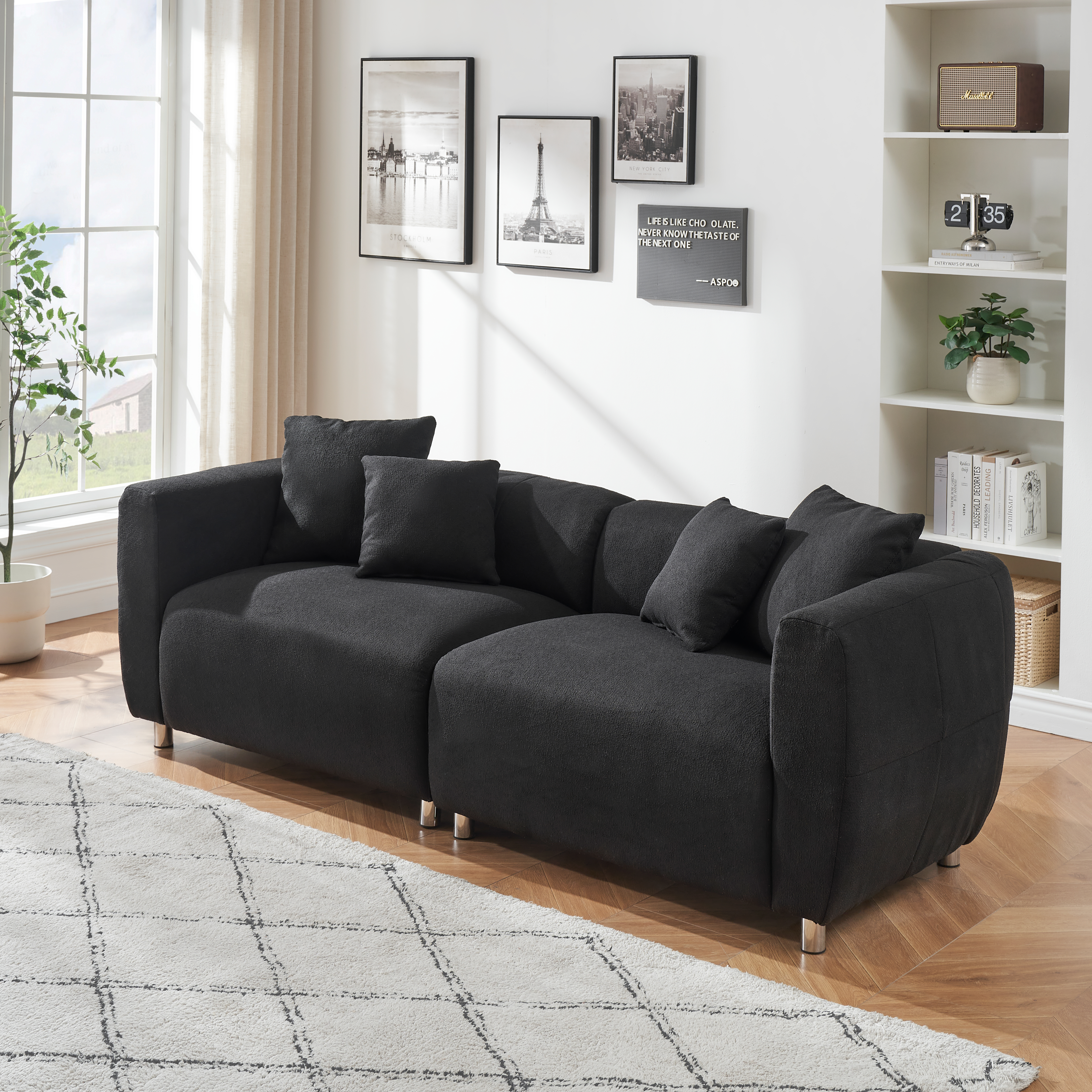 89 inch Sofa for Living Room, Fashion  Sofa with Metal Legs, 3 Seater Sofa, Solid Wood Frame Couch with 4Pillows, for Apartment Office Living Room - Black