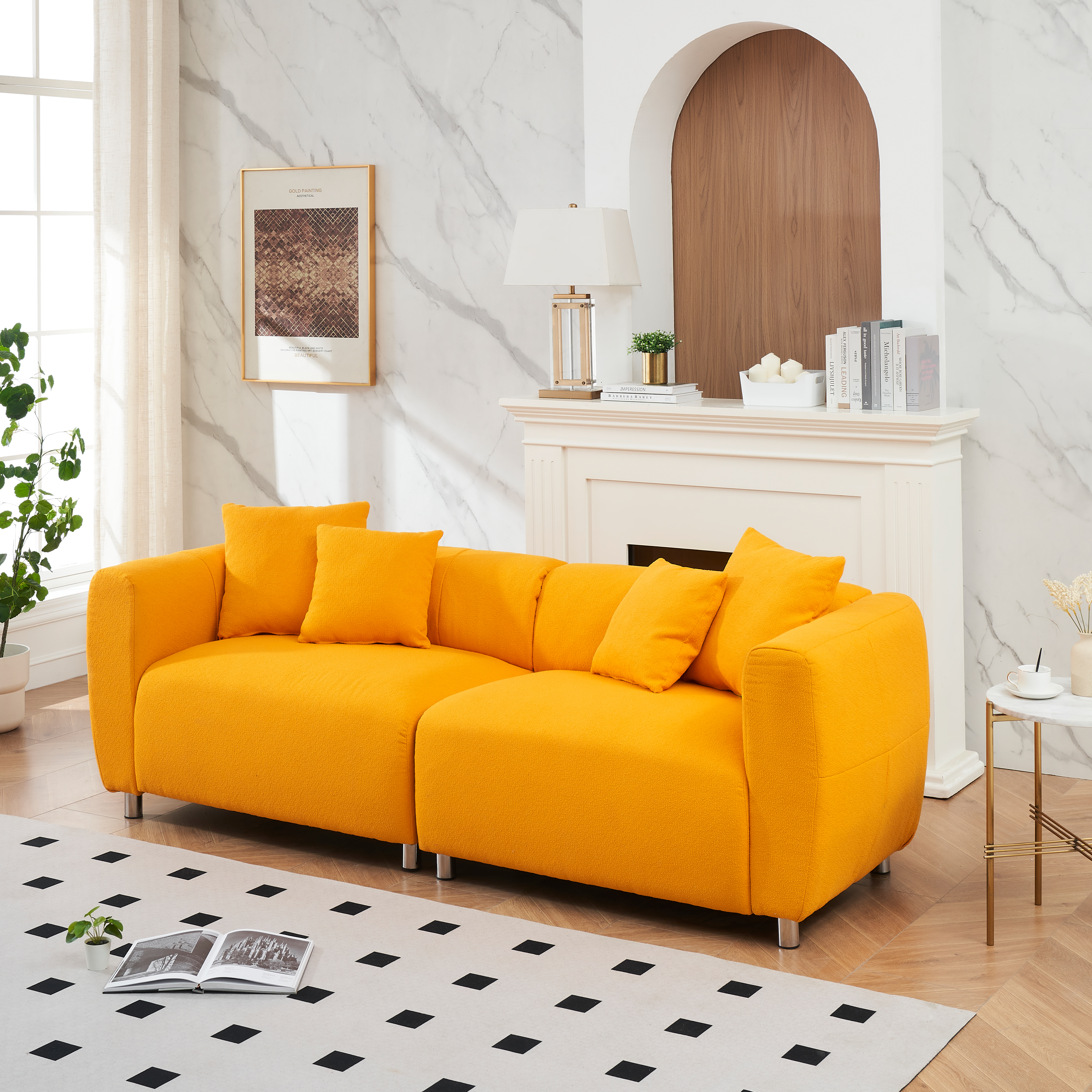 89 inch Sofa for Living Room, Fashion  Sofa with Metal Legs, 3 Seater Sofa, Solid Wood Frame Couch with 4Pillows, for Apartment Office Living Room - Yellow