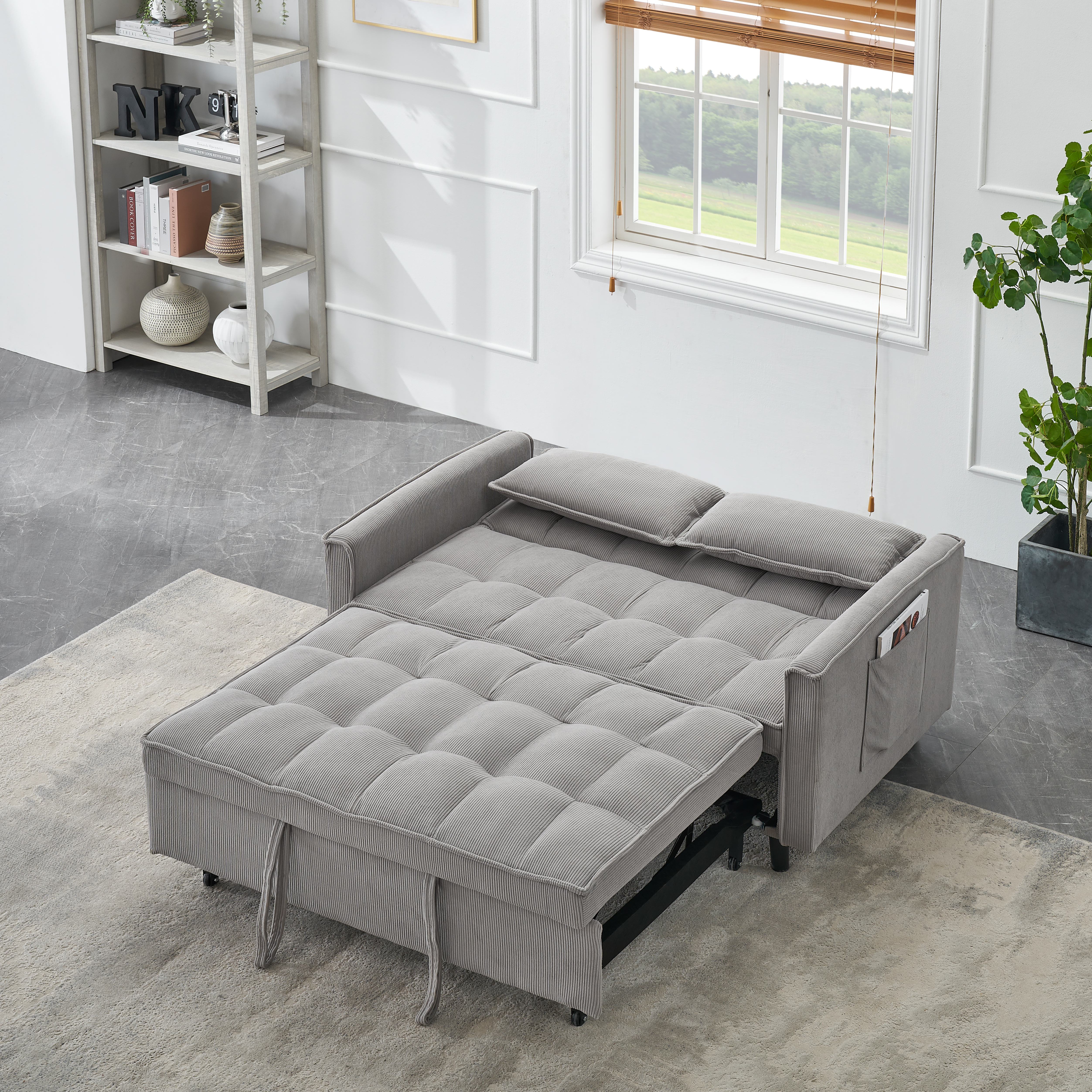 Two-seat casual sofa with pull out bed, living room furniture, light grey