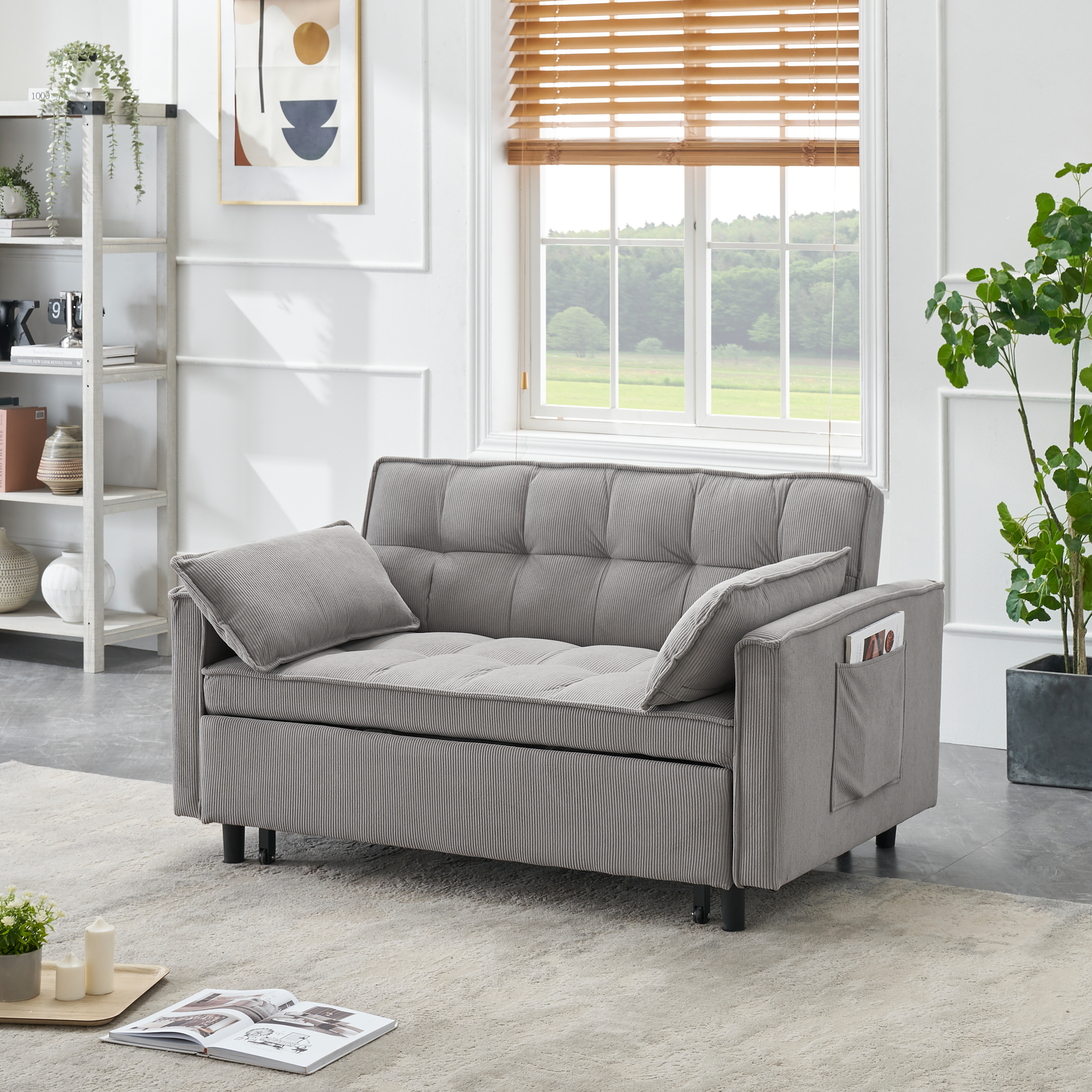 Two-seat casual sofa with pull out bed, living room furniture, light grey