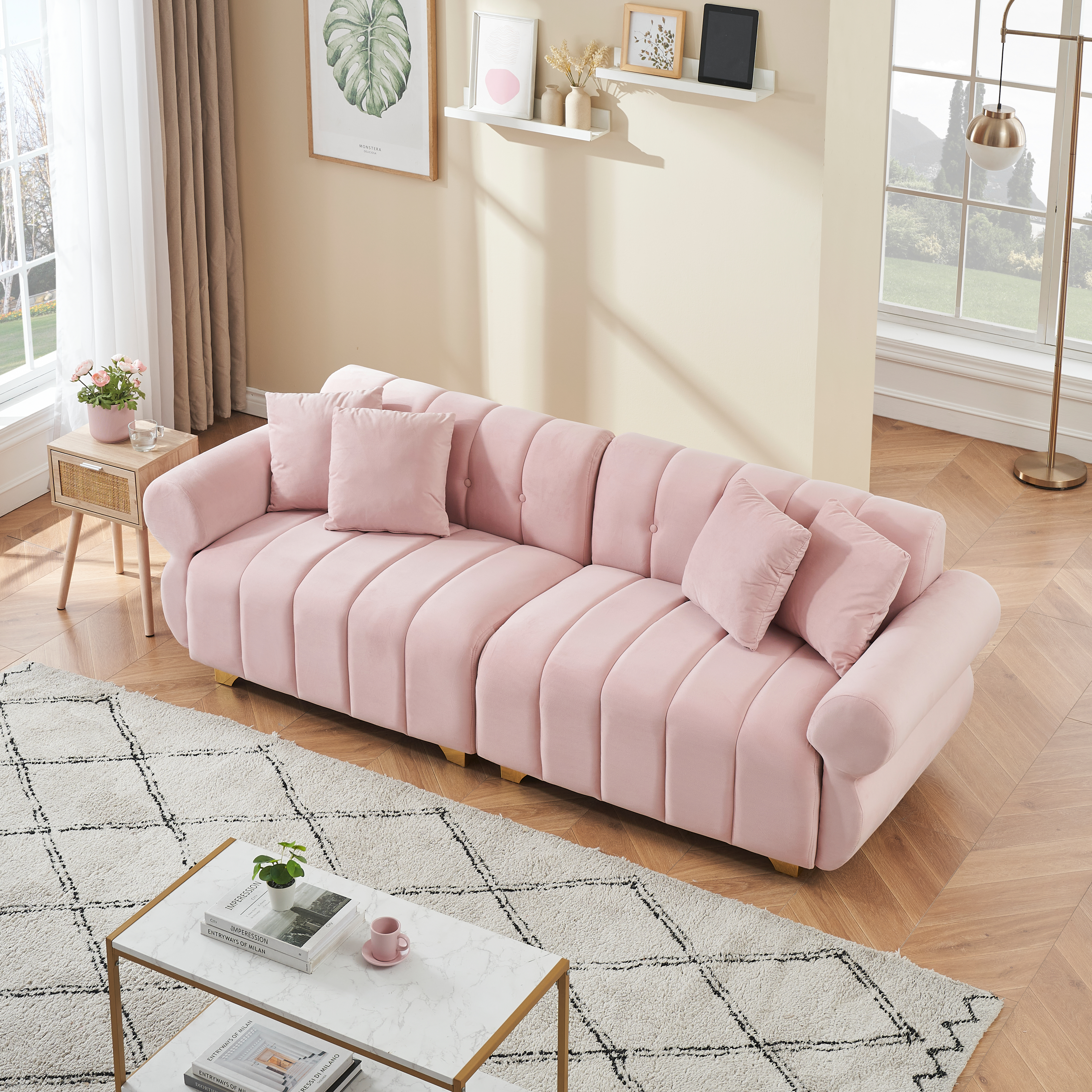 89-inch spring-wrapped cushions, 3 flannelette sofas, stylish metal feet and 4 throw pillows make for a modern living room bedroom