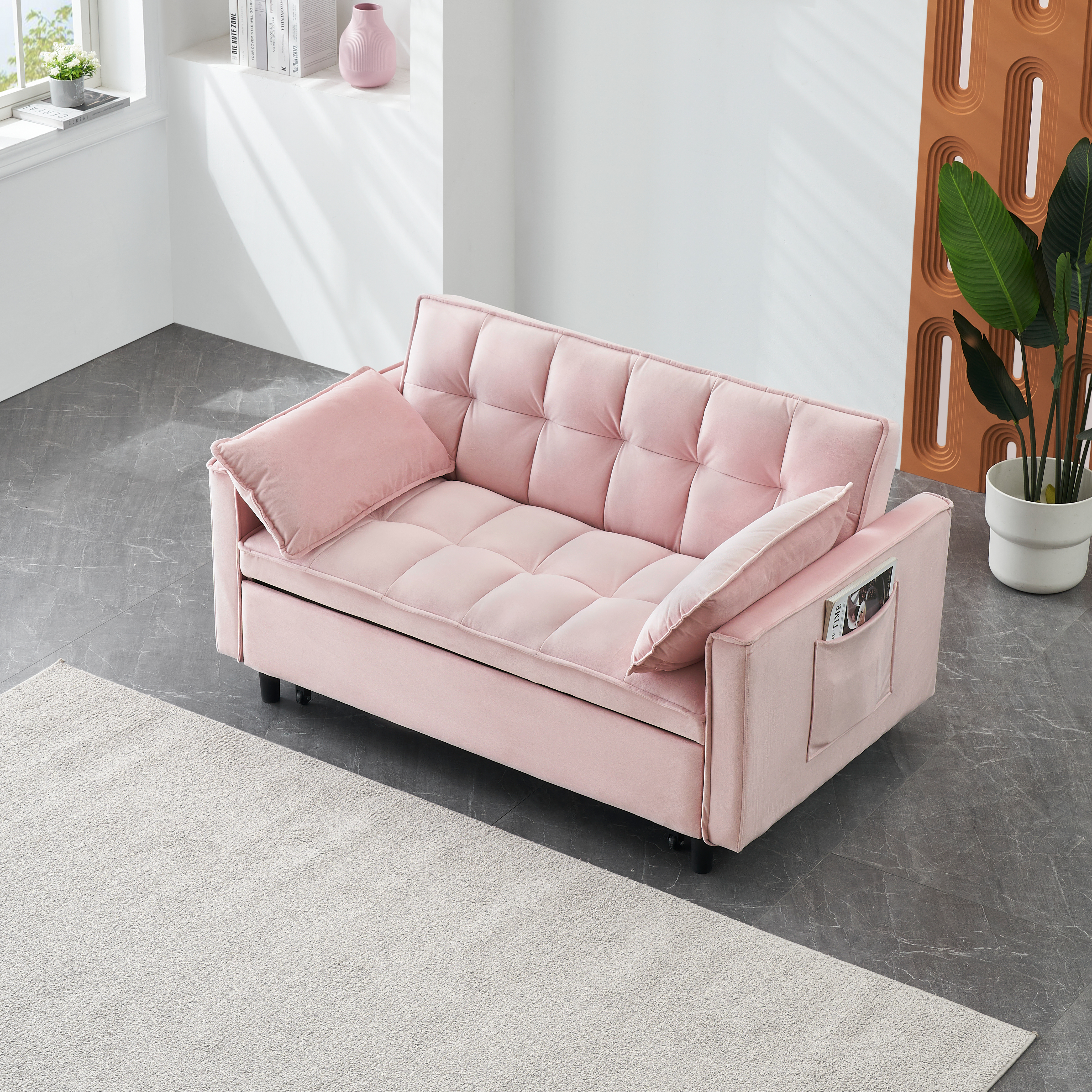 Modern velvet sofa, sofa pull-out bed, small love seat casual sofa with back, with pillow, pockets, living room furniture, 3 in 1 convertible sleep sofa bed.