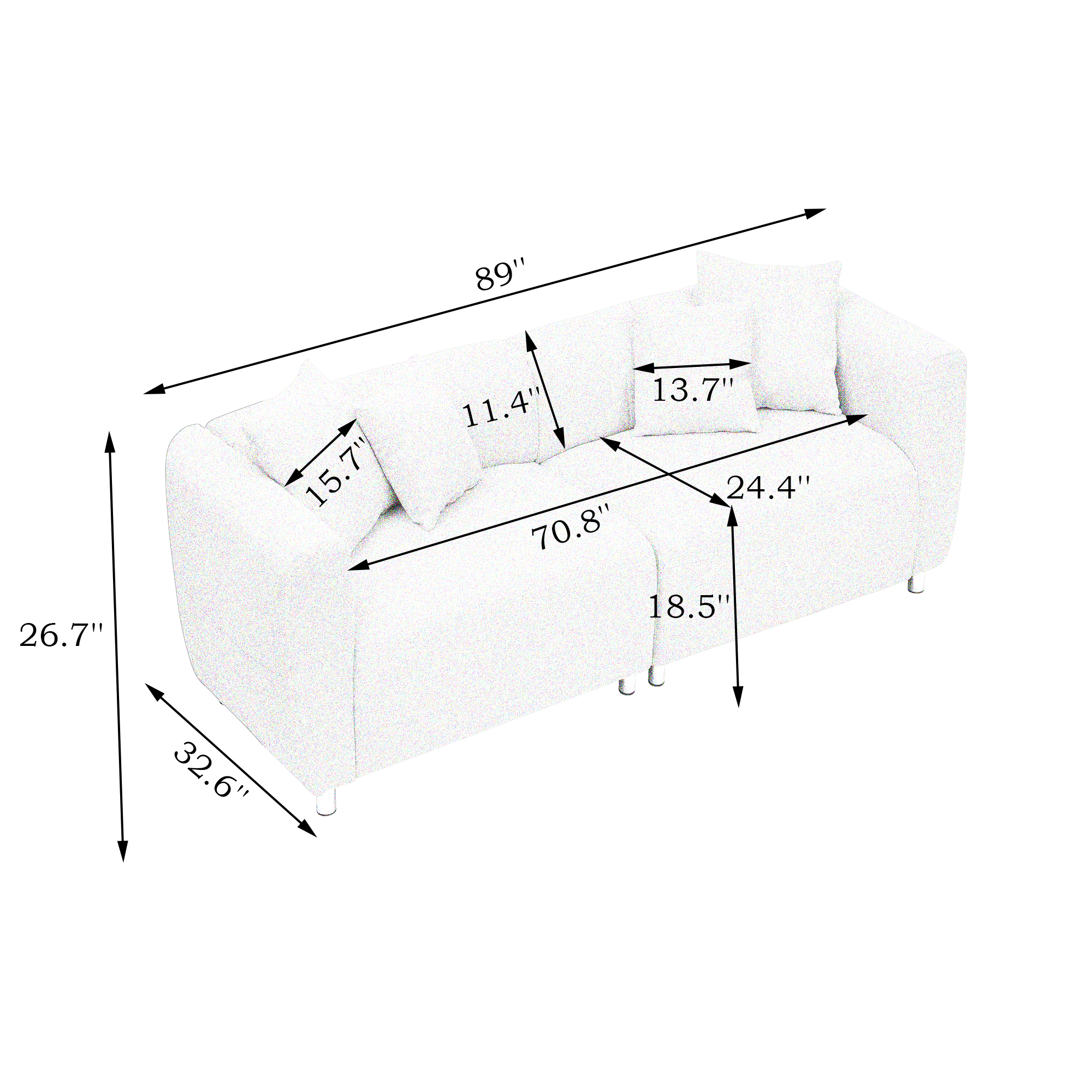 89 inch Sofa for Living Room, Fashion  Sofa with Metal Legs, 3 Seater Sofa, Solid Wood Frame Couch with 4Pillows, for Apartment Office Living Room - White