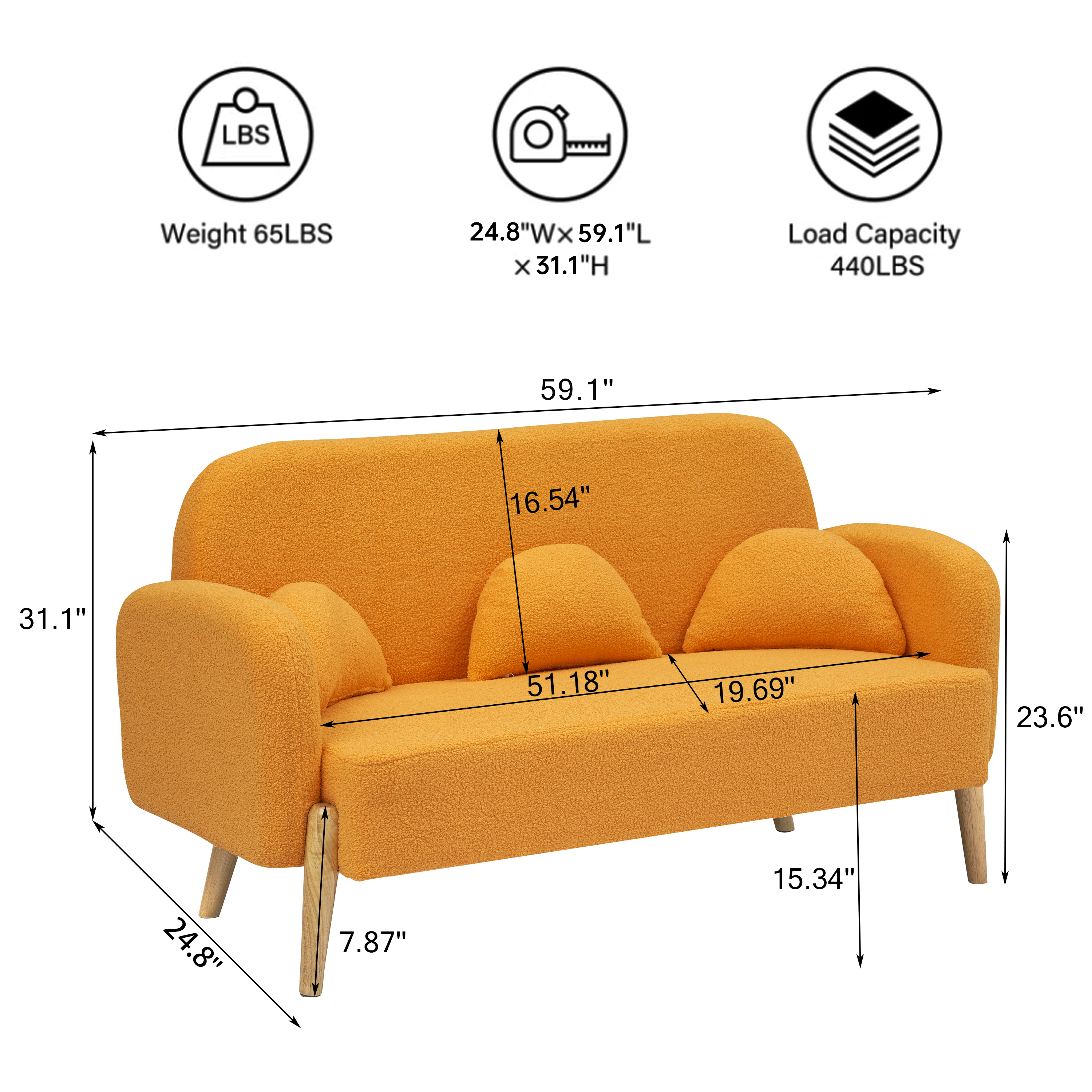 59.1" Teddy Velvet Beige Two-Seater Sofa with Three Lumbar Pillows