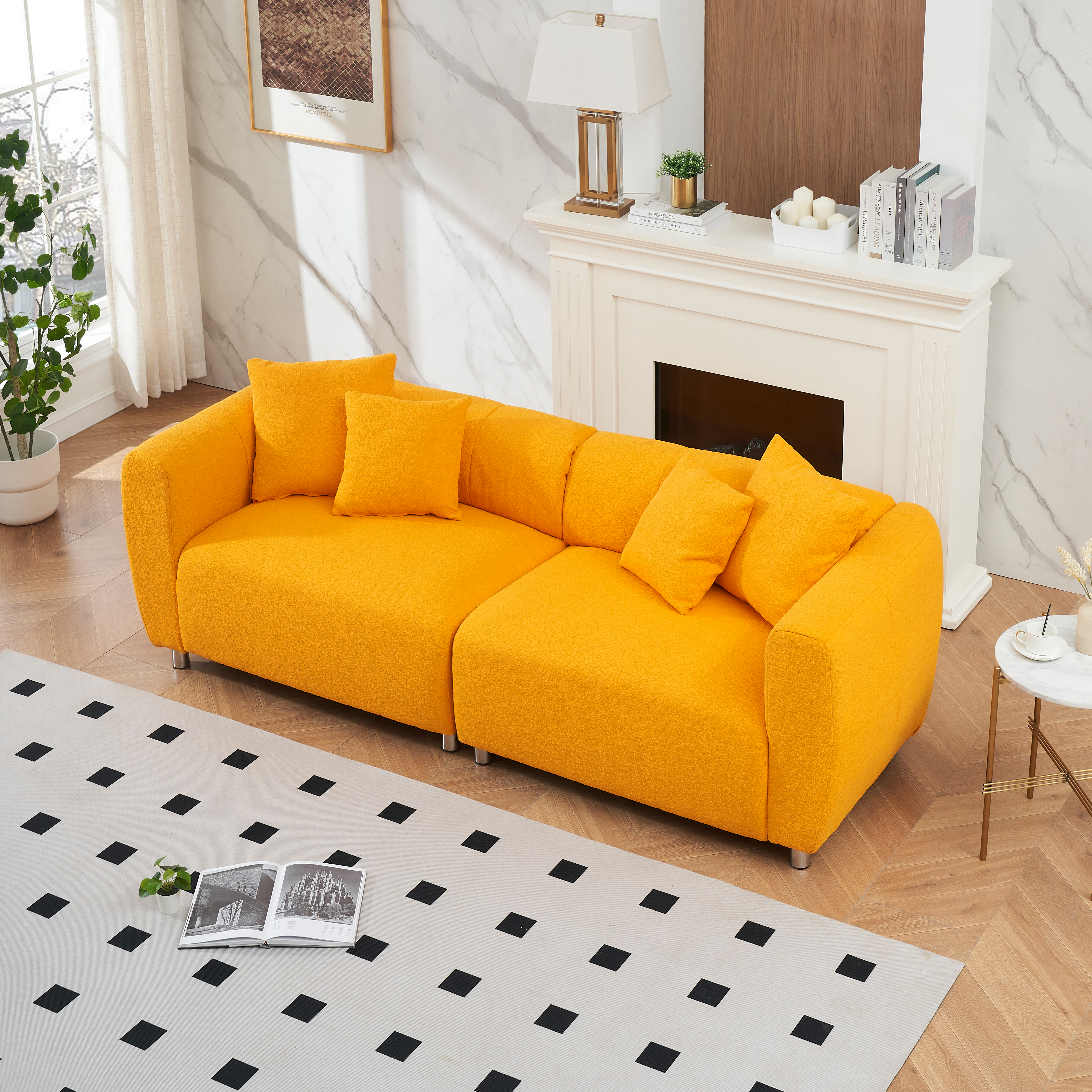 89 inch Sofa for Living Room, Fashion  Sofa with Metal Legs, 3 Seater Sofa, Solid Wood Frame Couch with 4Pillows, for Apartment Office Living Room - Yellow