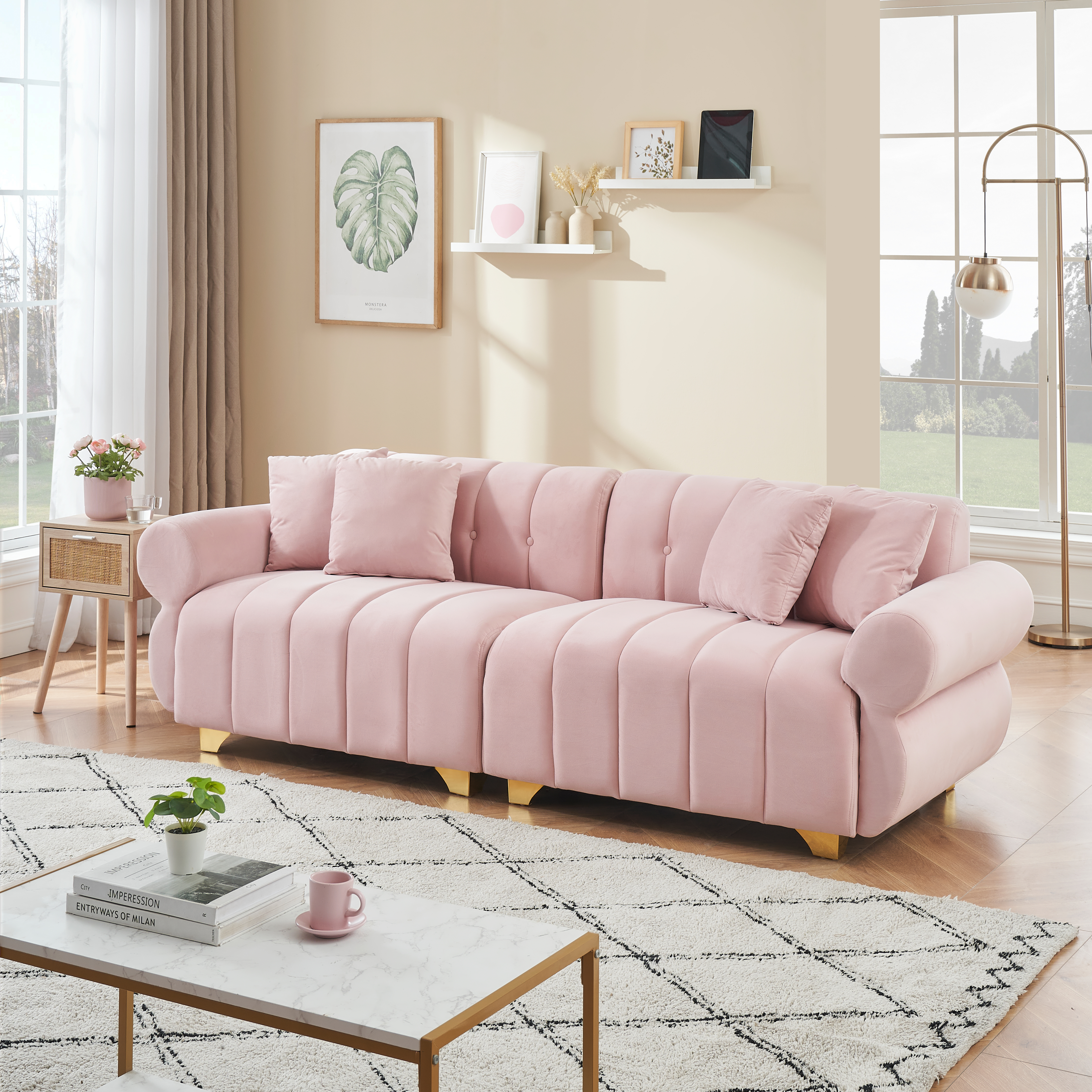 89-inch spring-wrapped cushions, 3 flannelette sofas, stylish metal feet and 4 throw pillows make for a modern living room bedroom