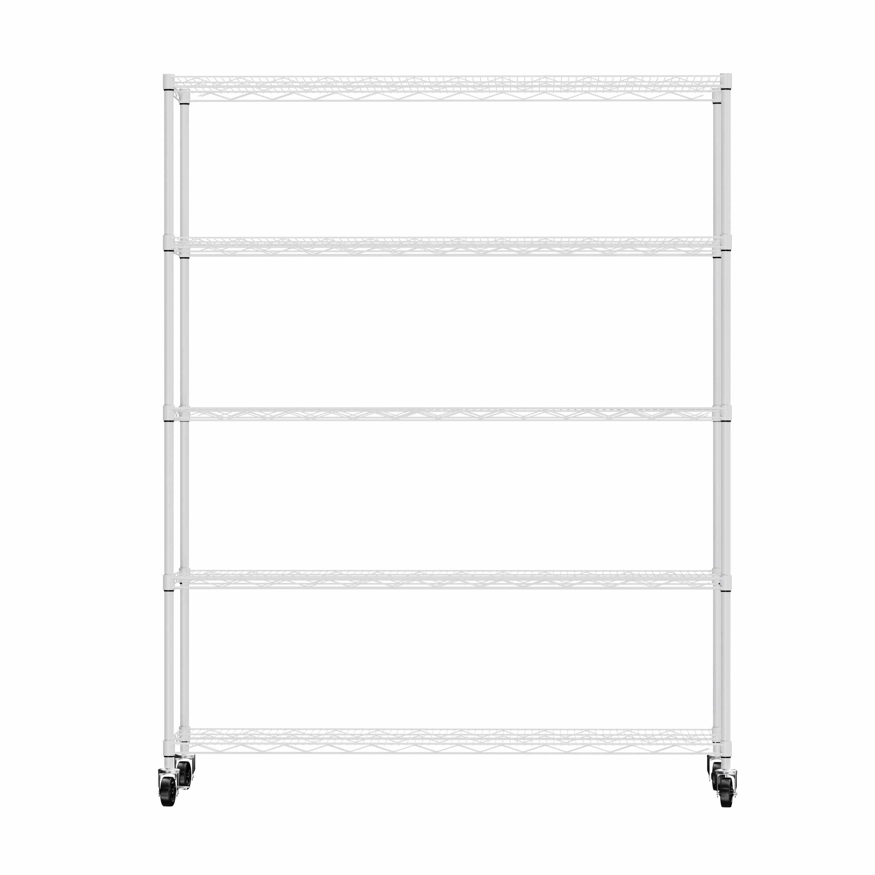 Warehouse, supermarket, kitchen, and other 5-layer heavy-duty adjustable shelves with wheels and adjustable feet, each metal frame bearing 300 pounds. 59.45 "L × 24.02 "W × 71.65 "H,White