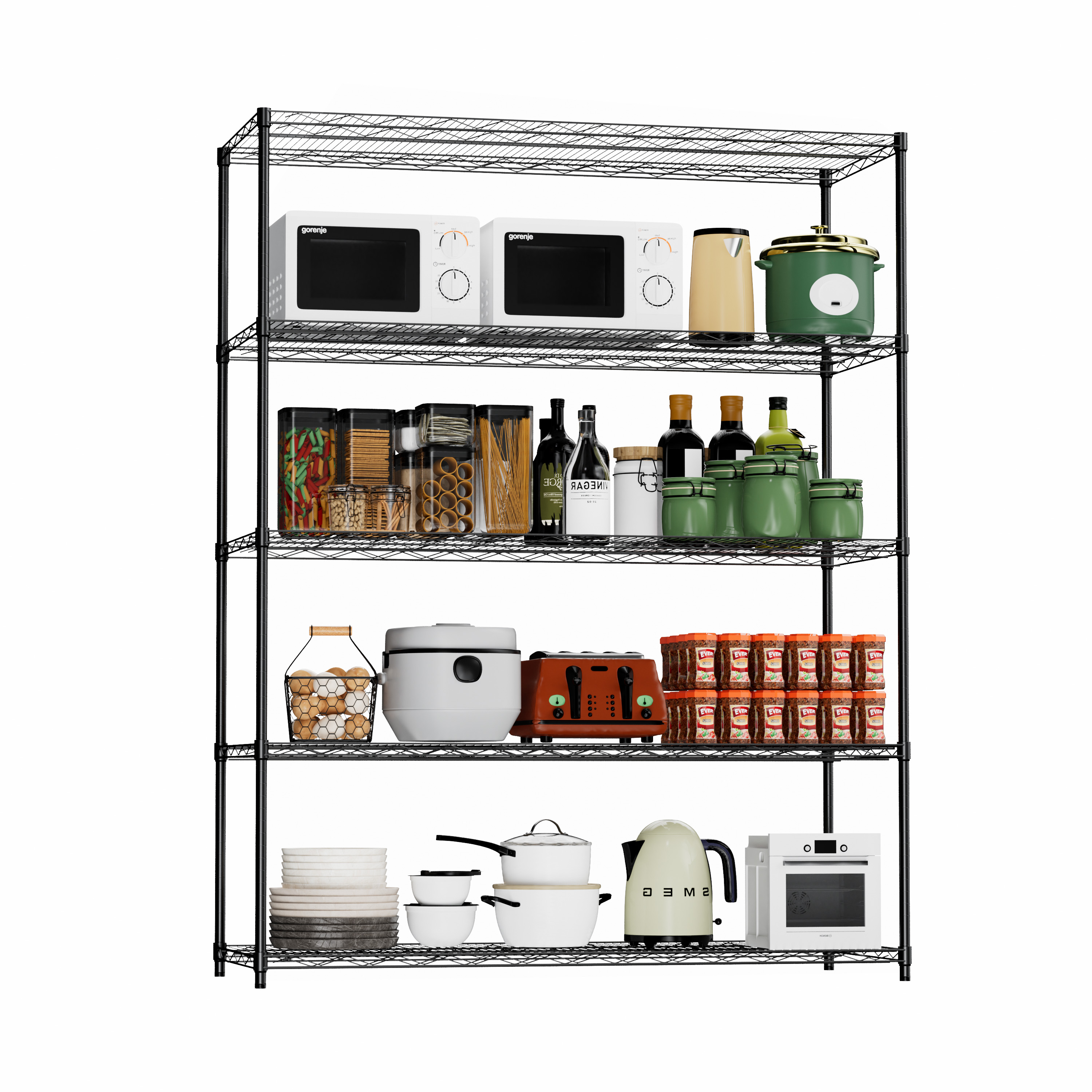 Warehouse, supermarket,kitchen,and other 5-layer heavy-duty adjustable shelves with wheels and adjustable feet,each metal frame bearing 300 pounds.  59.45 "L × 24.02 "W × 71.65 "H,Black.