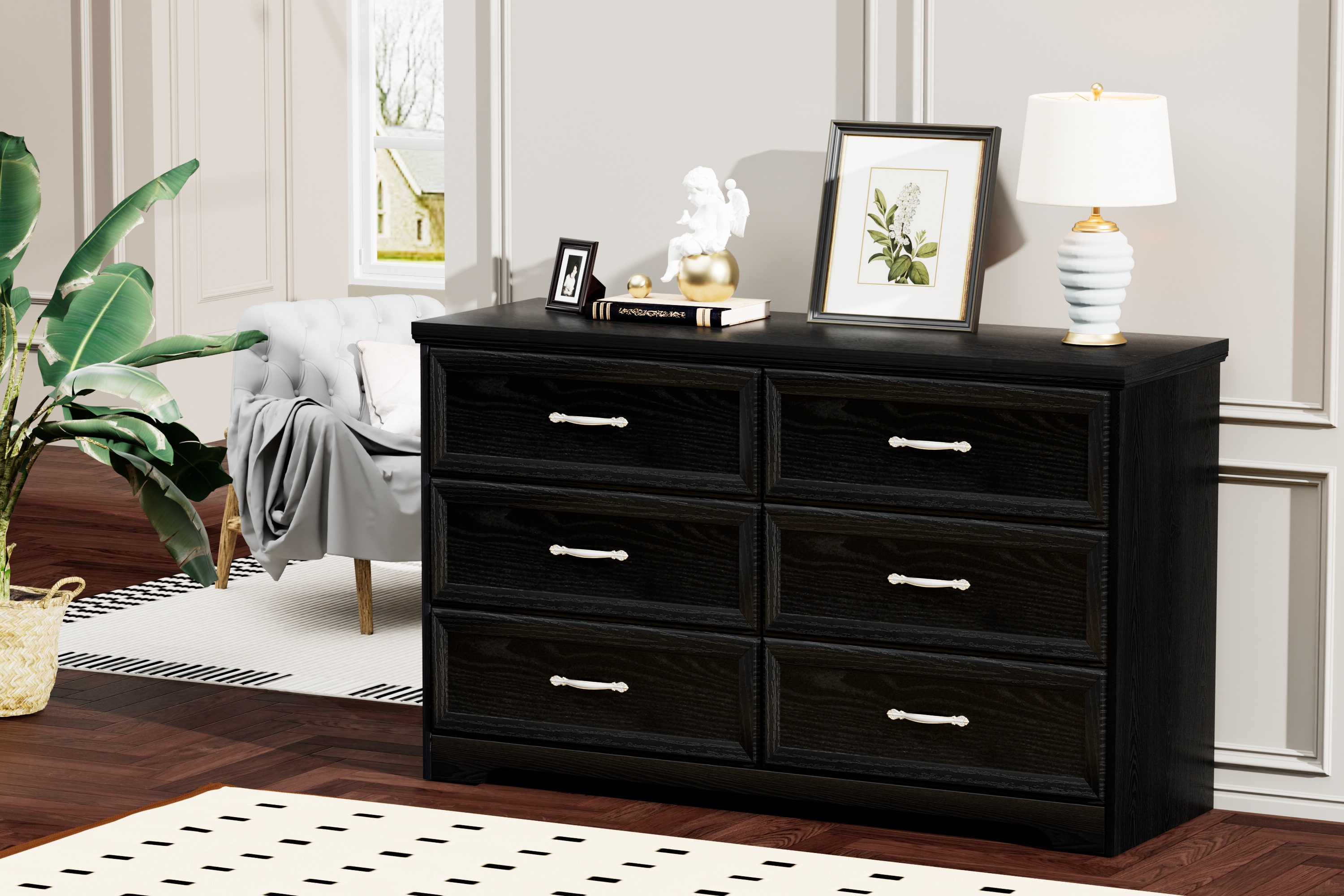 Modern 3 Drawer Bedroom Chest of Drawers with 6 Drawers Dresser, Clothes Organizer -Metal Pulls for Living Room, Bedroom, Hallway, Black,47.6″L x 15.7″W x 28.9″H