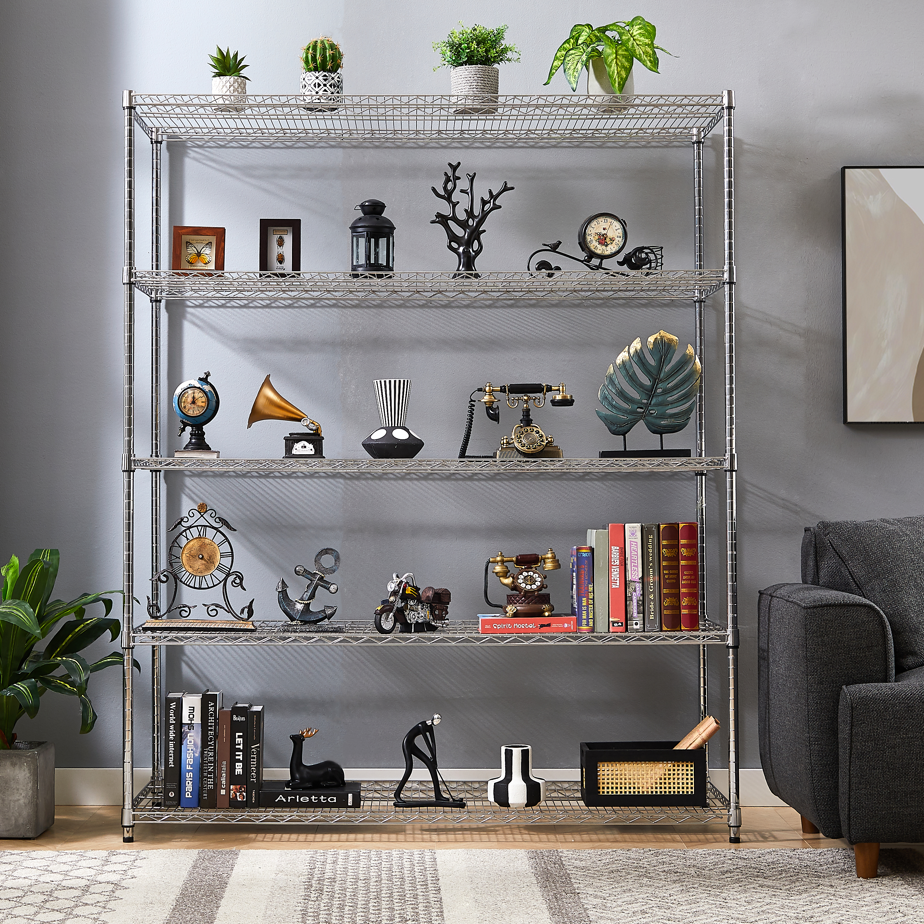 Warehouse, supermarket,kitchen,and other 5-layer heavy-duty adjustable shelves with wheels and adjustable feet,each metal frame bearing 300 pounds. 59.45 "L × 24.02 "W × 71.65 "H.